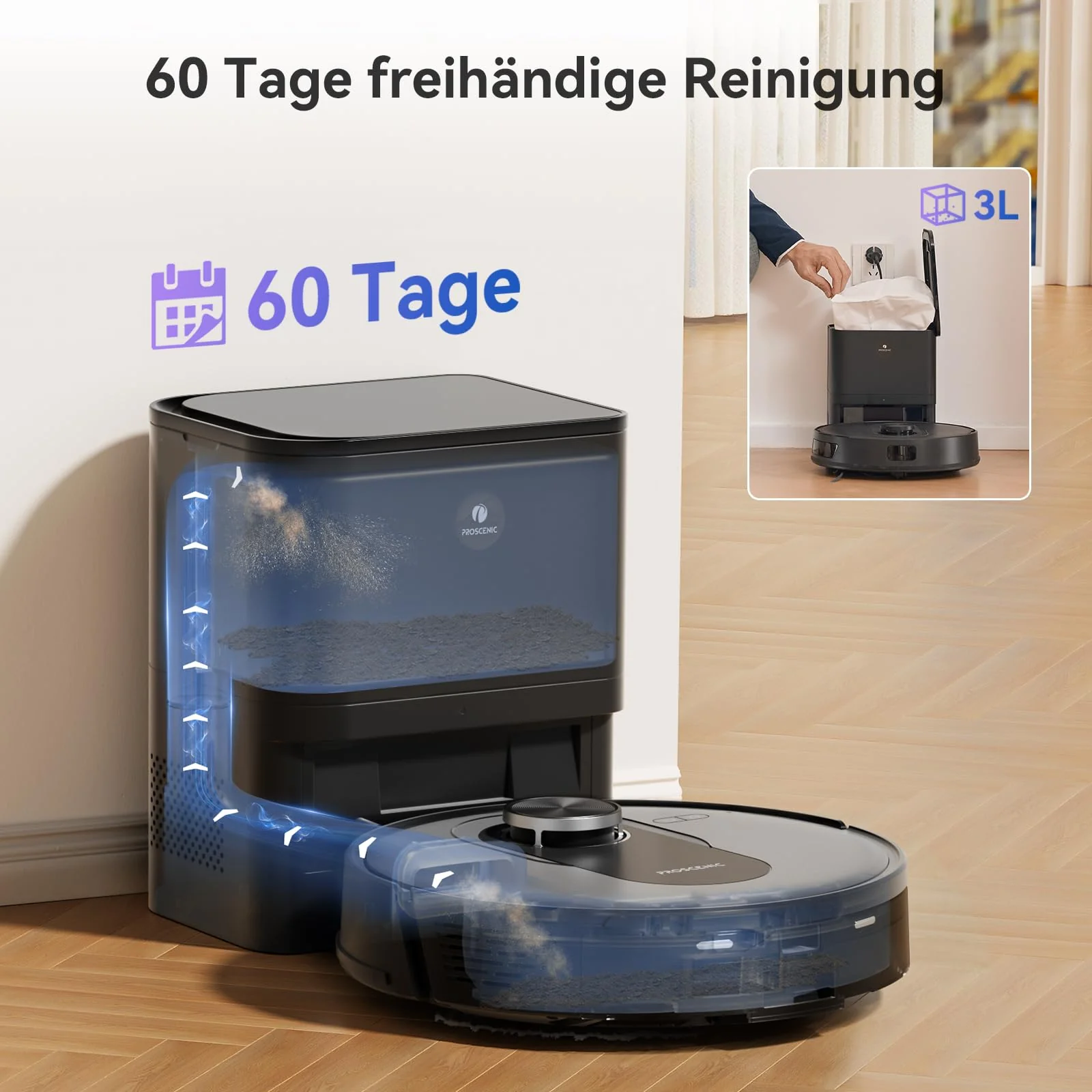 Proscenic Q8 Max Saugroboter mit Wischfunktion, Staubsauger Roboter mit Absaugstation, 5000Pa Saugkraft 3L Staubbeutel 250mL Wassertank, Roboterstaubsauger Steuerung über APP Alexa Google Siri FTTT - Image 5