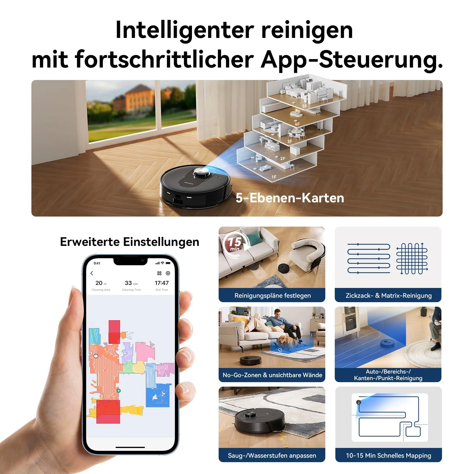 Proscenic Q8 Saugroboter mit Wischfunktion 5000Pa 200min Staubsauger Roboter Leistungsstark Laser Navigation mit 5 Karten, Steuerung über APP Alexa Siri IFTTT Google, für Böden Teppiche Tierhaare - Image 3