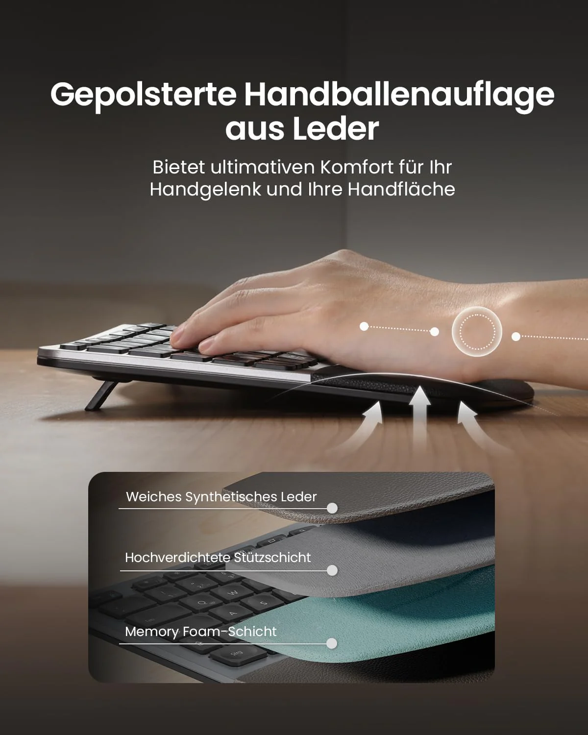 ProtoArc EKM01 Plus Tastatur Maus Set Kabellos Ergonomisch, Full Size Ergo Bluetooth Funkastatur mit Maus, Wireless Keyboard Split Design, Handgelenkauflage, Multi-Device, für Windows/Mac/Android