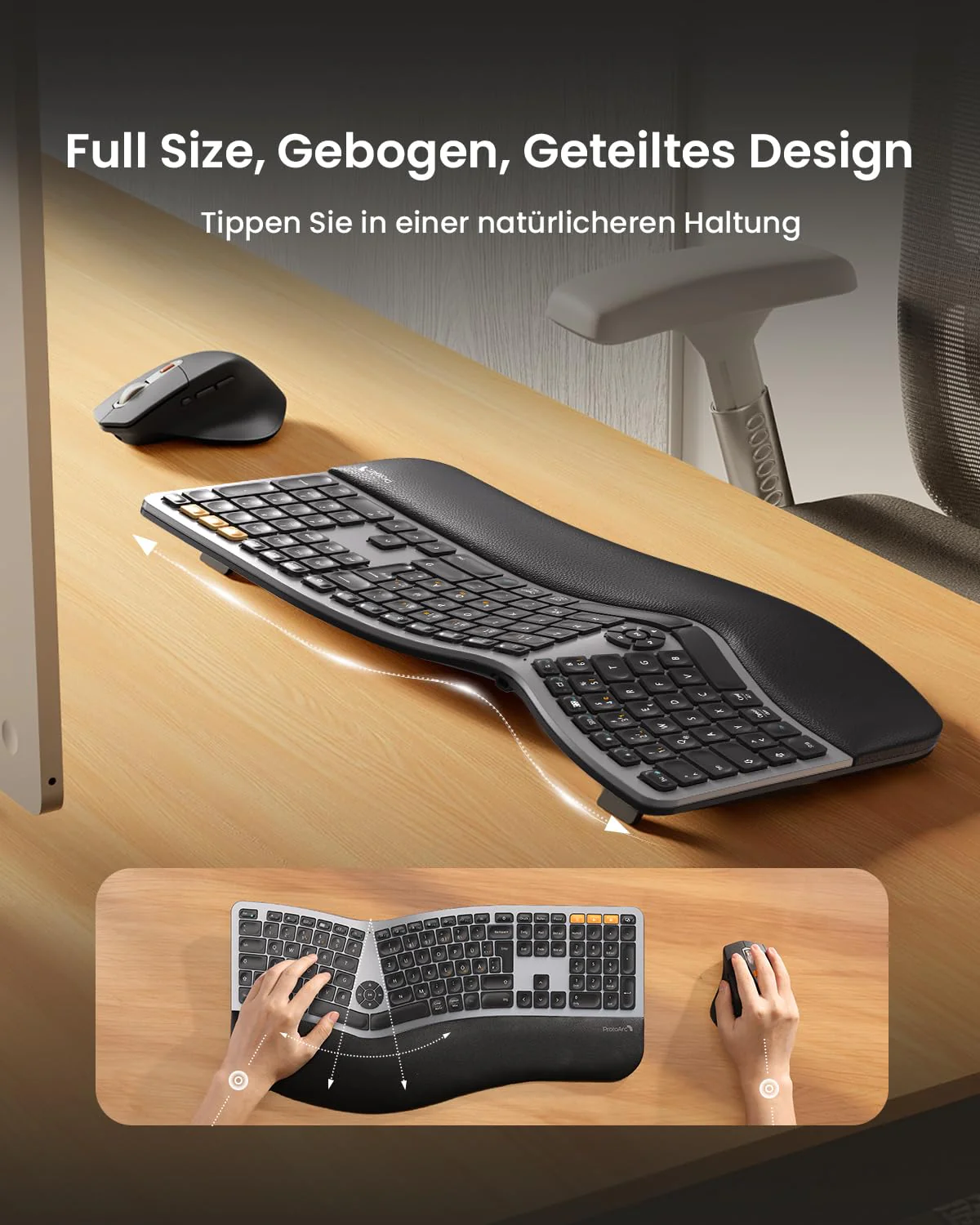 ProtoArc EKM01 Plus Tastatur Maus Set Kabellos Ergonomisch, Full Size Ergo Bluetooth Funkastatur mit Maus, Wireless Keyboard Split Design, Handgelenkauflage, Multi-Device, für Windows/Mac/Android - Image 2