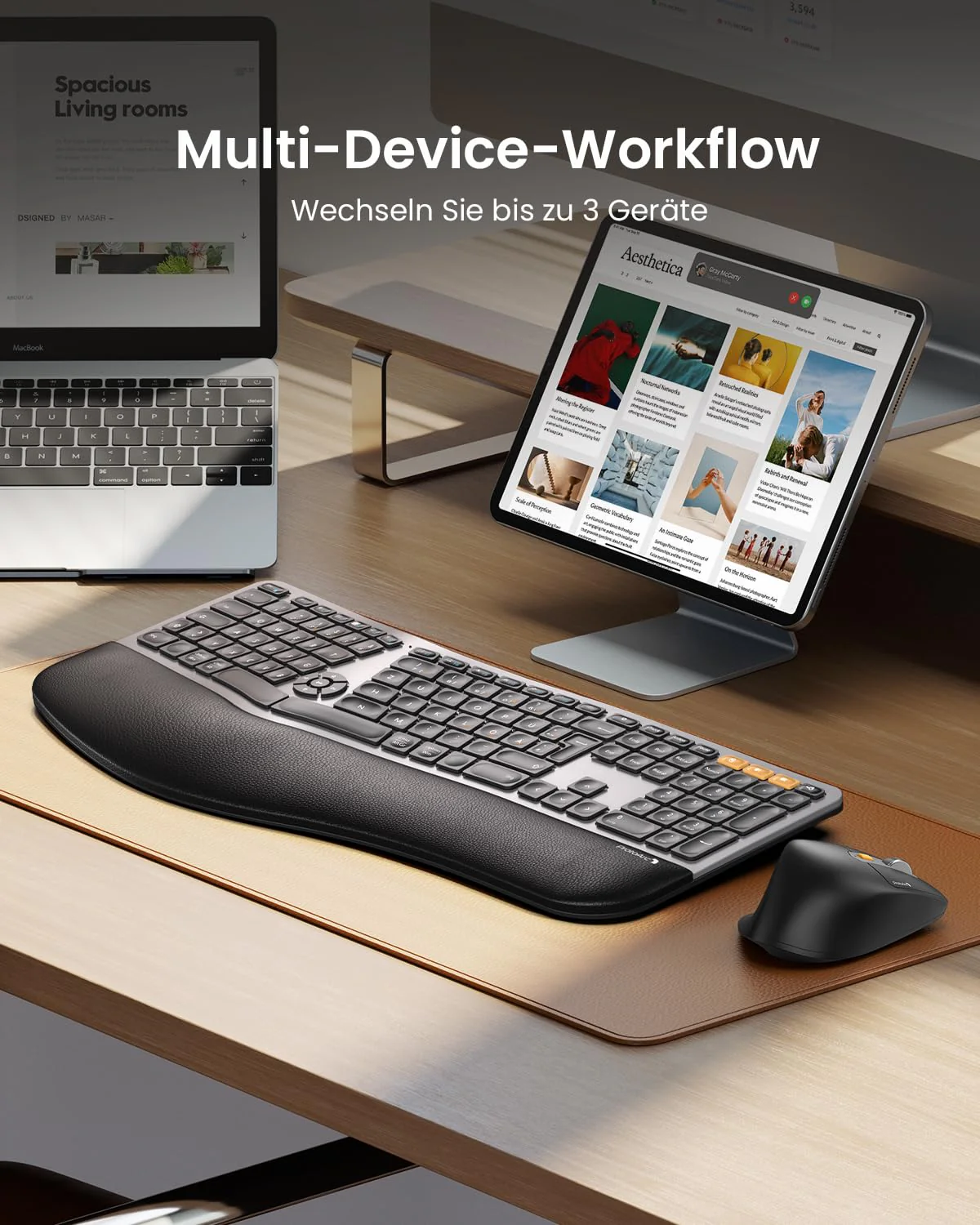 ProtoArc EKM01 Plus Tastatur Maus Set Kabellos Ergonomisch, Full Size Ergo Bluetooth Funkastatur mit Maus, Wireless Keyboard Split Design, Handgelenkauflage, Multi-Device, für Windows/Mac/Android - Image 6