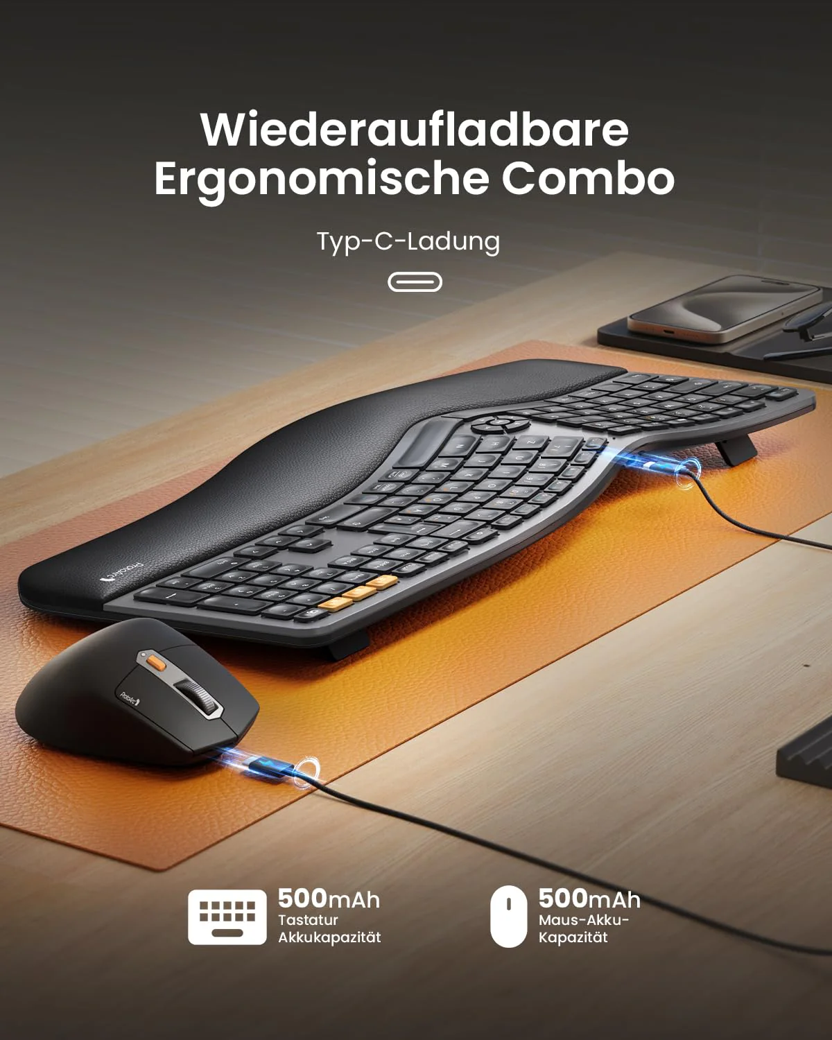 ProtoArc EKM01 Plus Tastatur Maus Set Kabellos Ergonomisch, Full Size Ergo Bluetooth Funkastatur mit Maus, Wireless Keyboard Split Design, Handgelenkauflage, Multi-Device, für Windows/Mac/Android - Image 7
