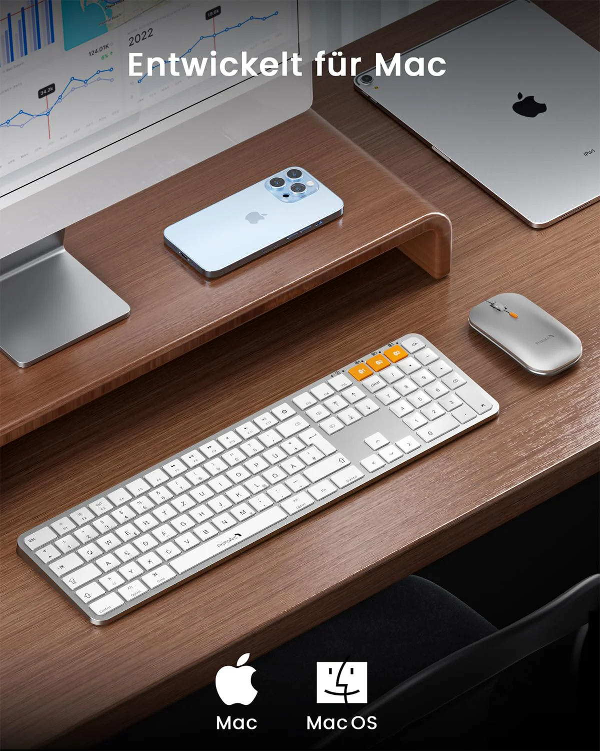 ProtoArc KM100-A Beleuchtet Tastatur Maus Set Kabellos für Mac, Bluetooth QWERTZ Funk Tastatur mit Maus, Wireless Flach Keyboard Multi-Gerät für MacBook Pro, MacBook Air, iMac, iPhone, iPad, Weiße