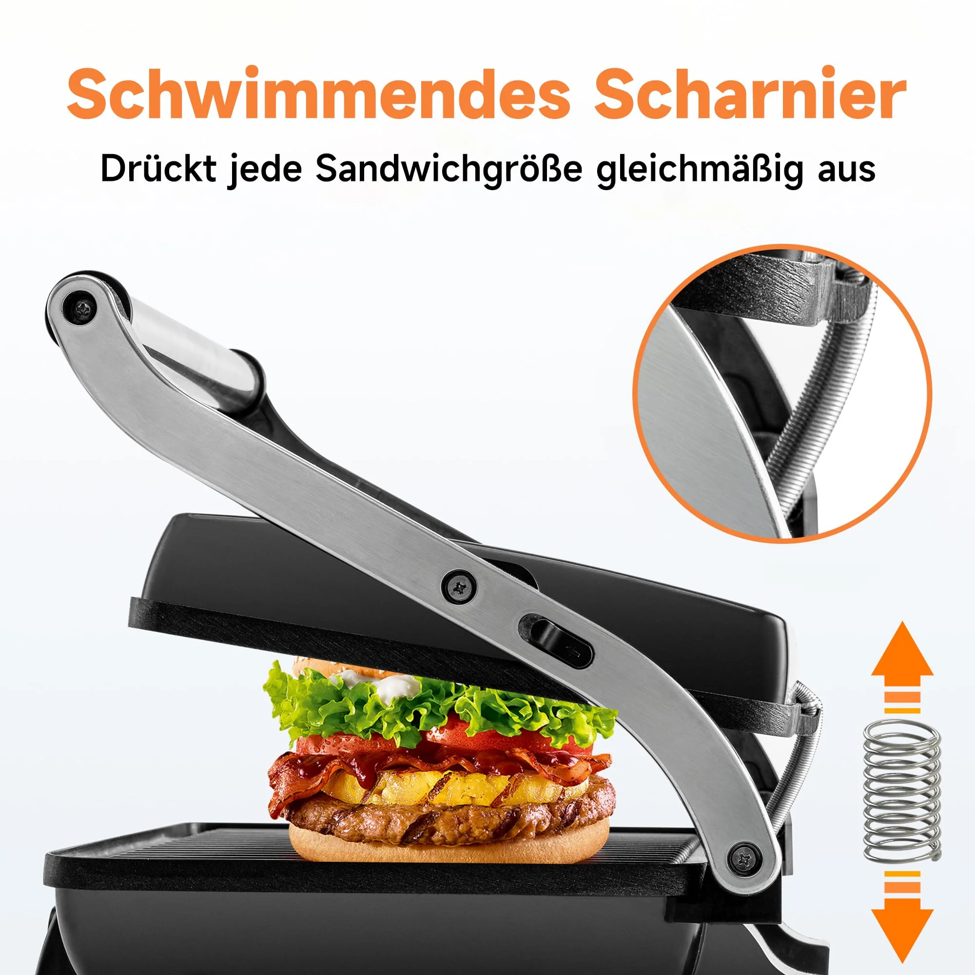 Pukomc Kontaktgrill Sandwichmaker, Panini Grill mit Antihaft-Kochplatten, lässt sich um 180 Grad öffnen Gourmet Kontaktgrill Toaster, 2000W schwimmendes Scharnier für alle Lebensmittel - Image 6