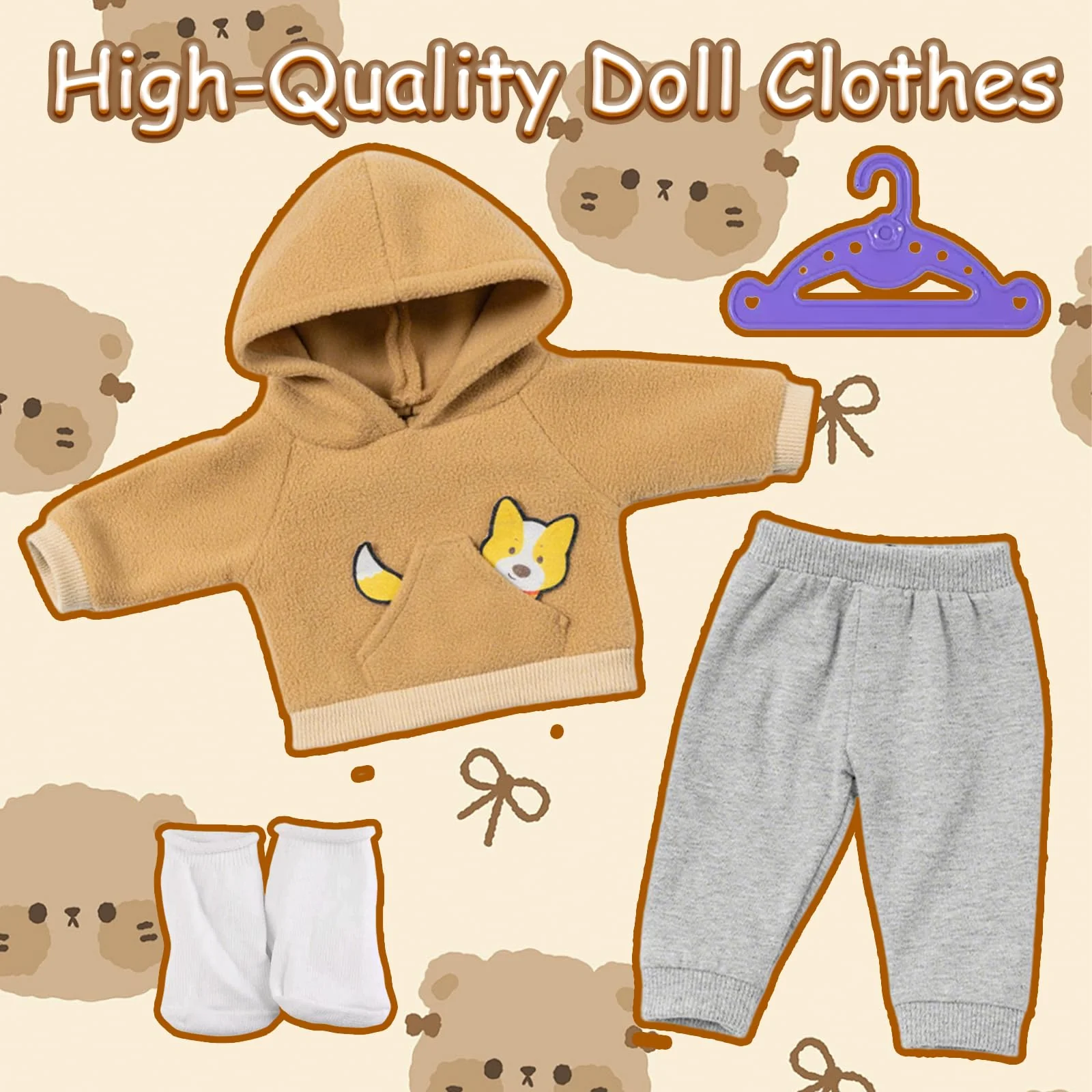 Puppenkleidung für 35-43cm Baby Puppen, 1 Brauner Welpen-Hoodie + 1 Paar Graue Hosen + 1 Paar Socken + 1 Kleiderbügel, 4 Stück Brauner Puppen Kleidung Outfits für Baby Kinder Mädchen Jungen - Image 2