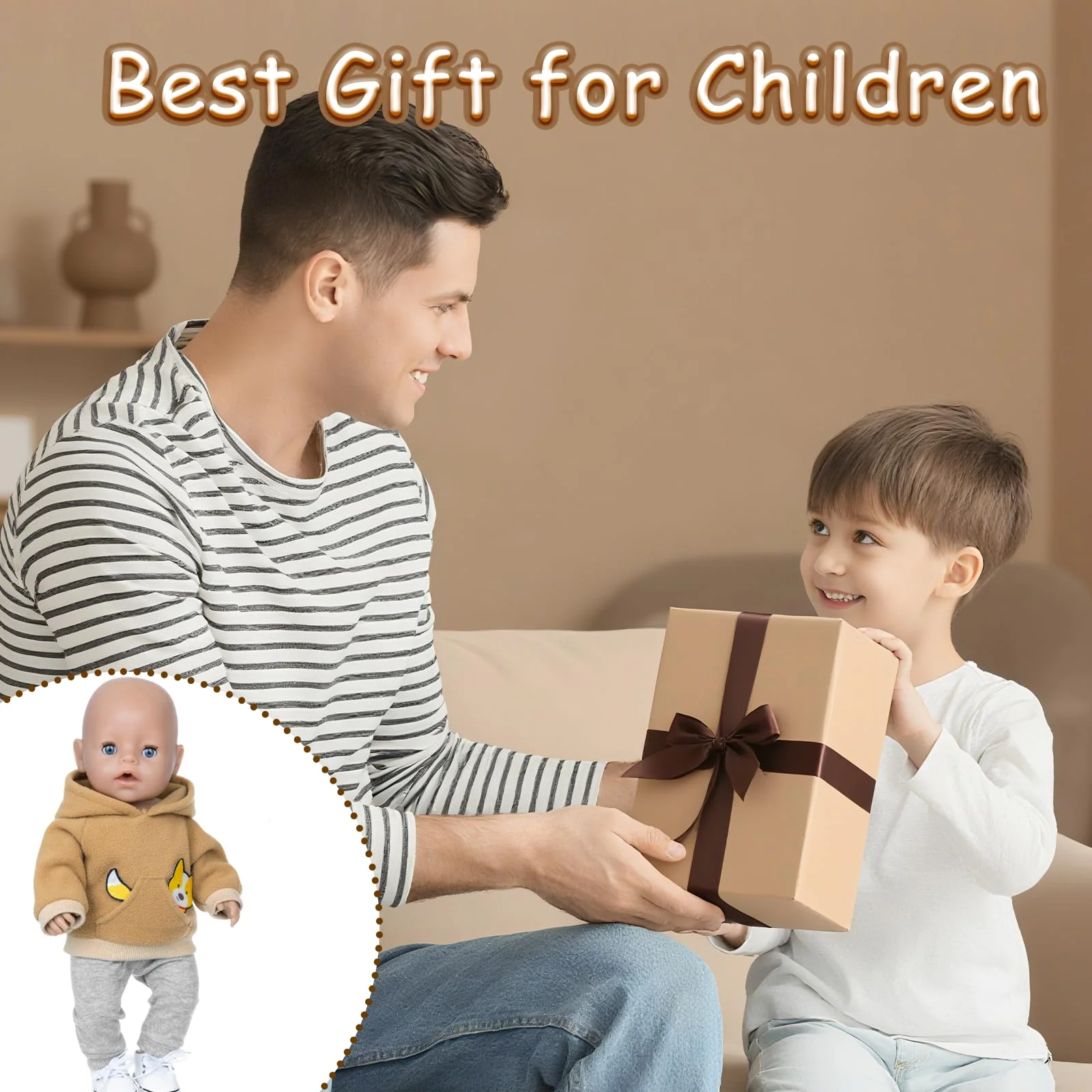 Puppenkleidung für 35-43cm Baby Puppen, 1 Brauner Welpen-Hoodie + 1 Paar Graue Hosen + 1 Paar Socken + 1 Kleiderbügel, 4 Stück Brauner Puppen Kleidung Outfits für Baby Kinder Mädchen Jungen - Image 4