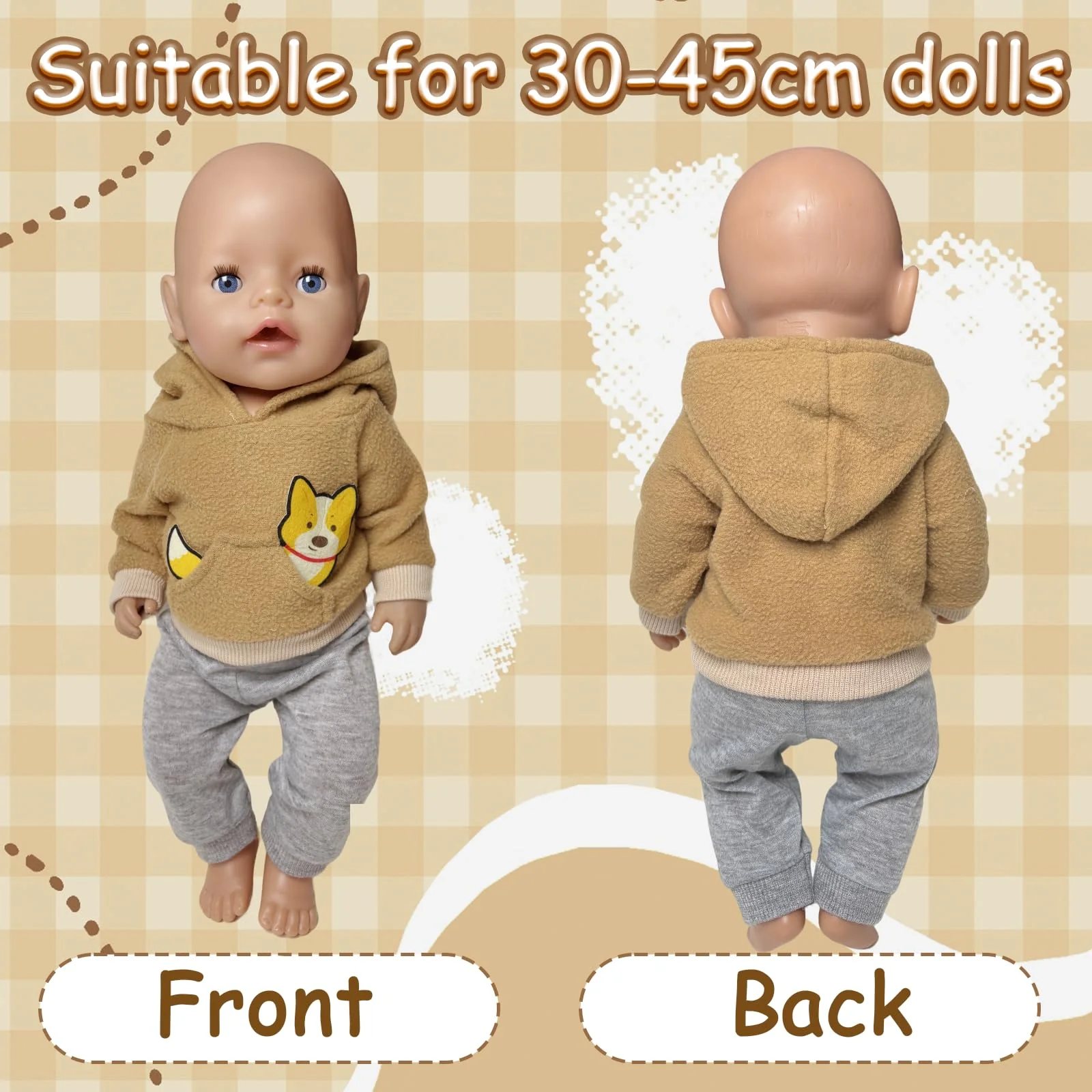 Puppenkleidung für 35-43cm Baby Puppen, 1 Brauner Welpen-Hoodie + 1 Paar Graue Hosen + 1 Paar Socken + 1 Kleiderbügel, 4 Stück Brauner Puppen Kleidung Outfits für Baby Kinder Mädchen Jungen - Image 5