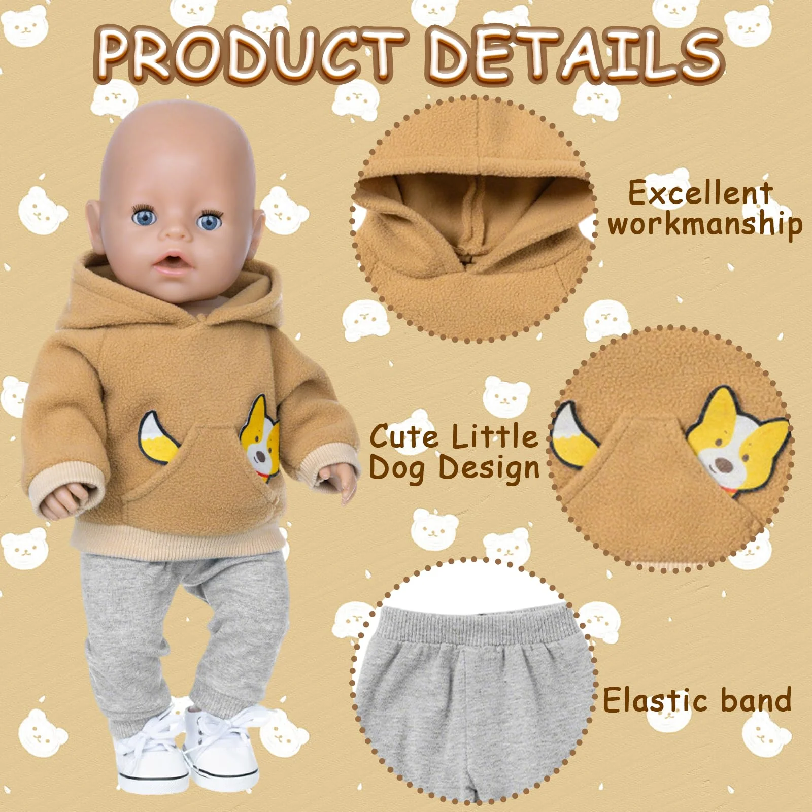 Puppenkleidung für 35-43cm Baby Puppen, 1 Brauner Welpen-Hoodie + 1 Paar Graue Hosen + 1 Paar Socken + 1 Kleiderbügel, 4 Stück Brauner Puppen Kleidung Outfits für Baby Kinder Mädchen Jungen - Image 6