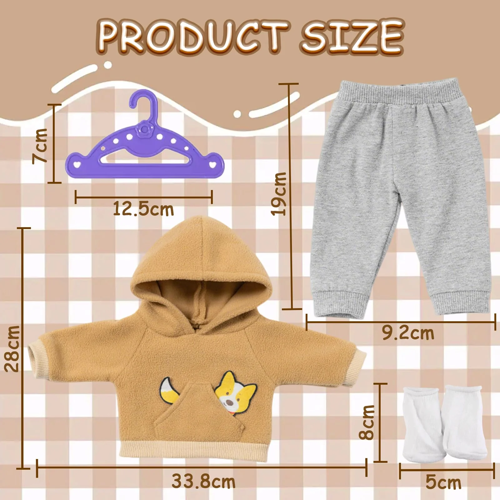 Puppenkleidung für 35-43cm Baby Puppen, 1 Brauner Welpen-Hoodie + 1 Paar Graue Hosen + 1 Paar Socken + 1 Kleiderbügel, 4 Stück Brauner Puppen Kleidung Outfits für Baby Kinder Mädchen Jungen - Image 7