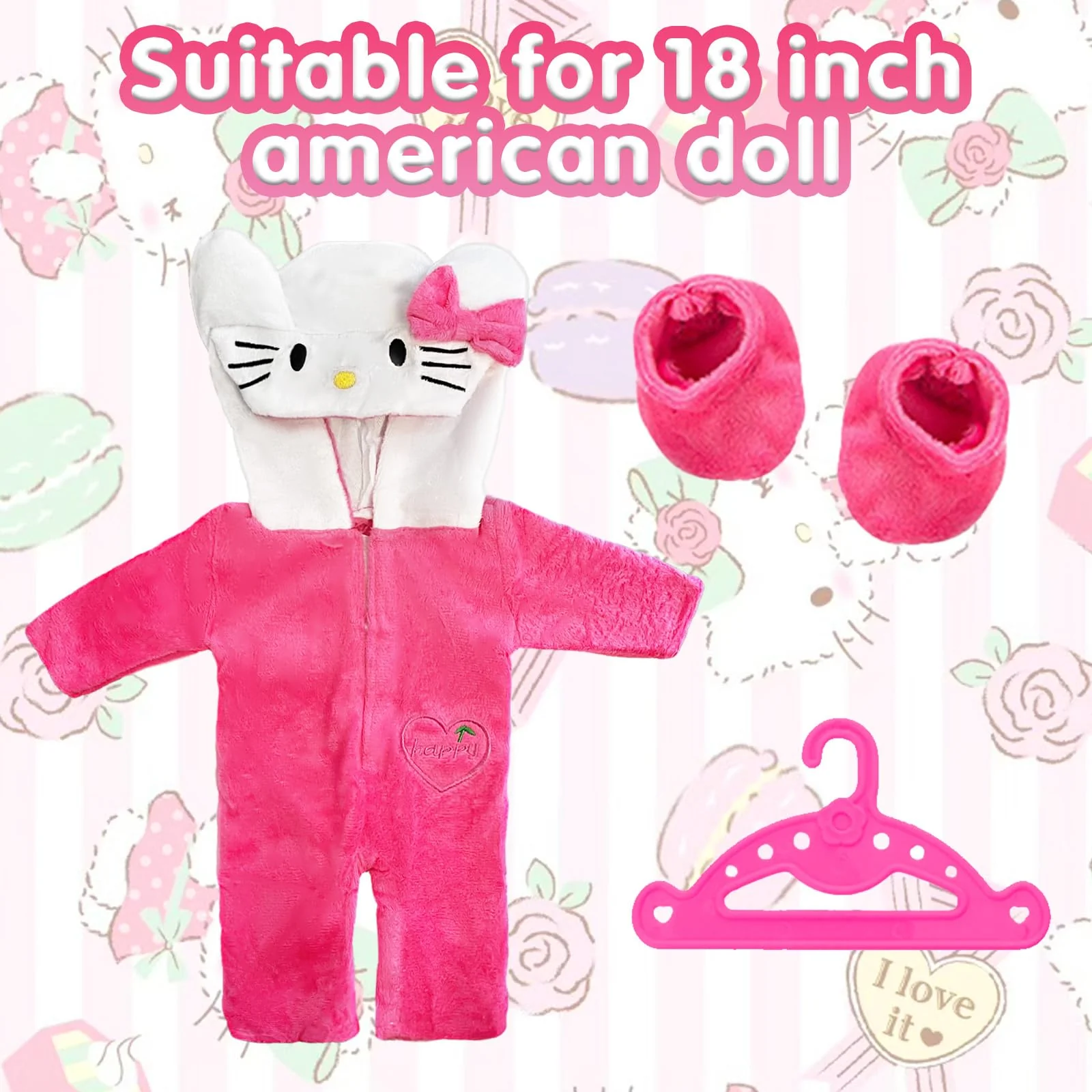 Puppenkleidung für Baby Puppen, Kleidung kompatibel mit 35-43 cm New Born Baby Puppen, Enthält Overall, Mütze, Socken und Kleiderbügel, Niedliche rosa Katze aus Baumwolle für Jungen und Mädchen - Image 7