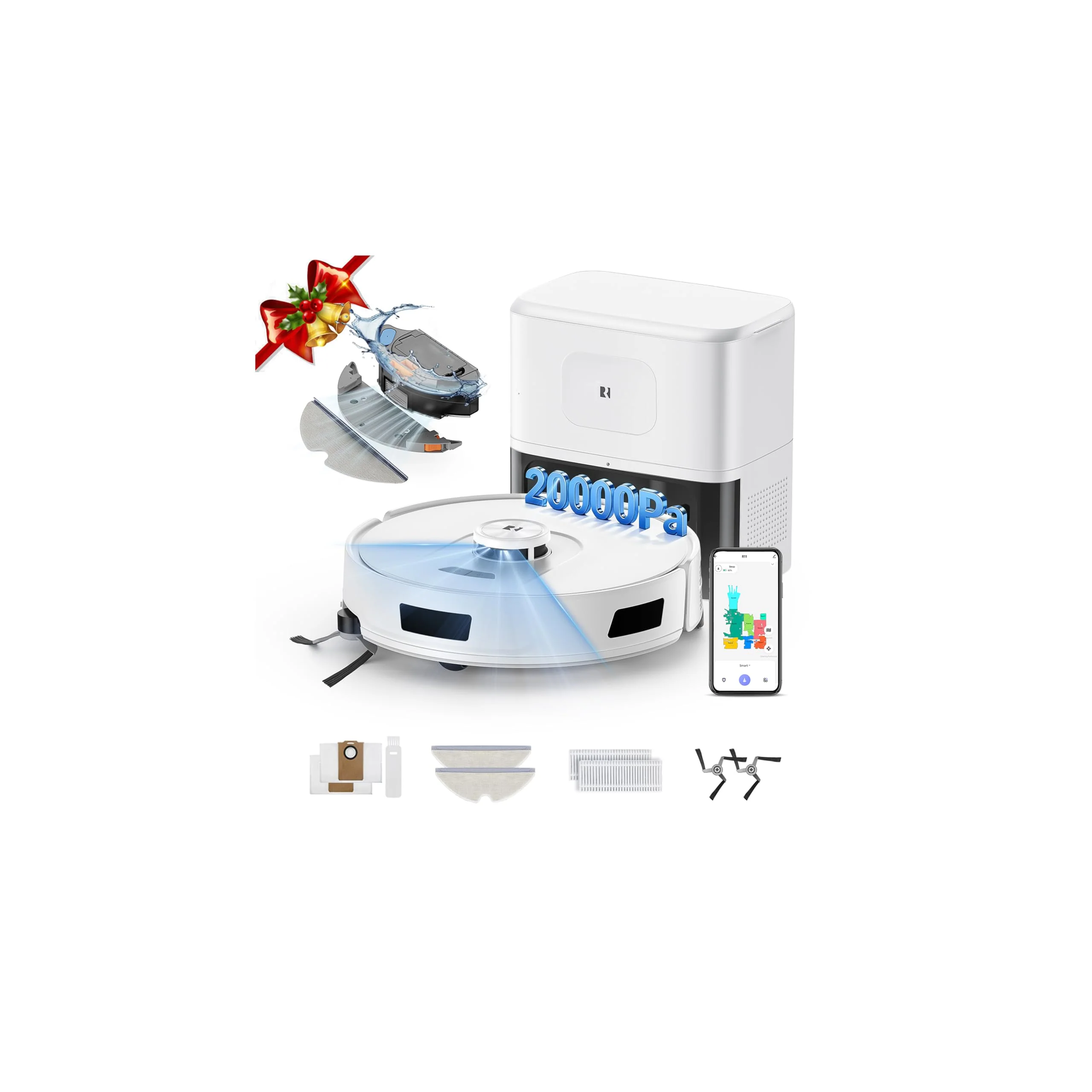 PuraLuce R11 Saugroboter mit Wischfunktion mit Kartenmapping, 20000Pa, Selbstentleerungsstation 90 Tage, Autoladender Staubsauger Roboter für Teppiche/Böden/Tierhaare (White R11 1)