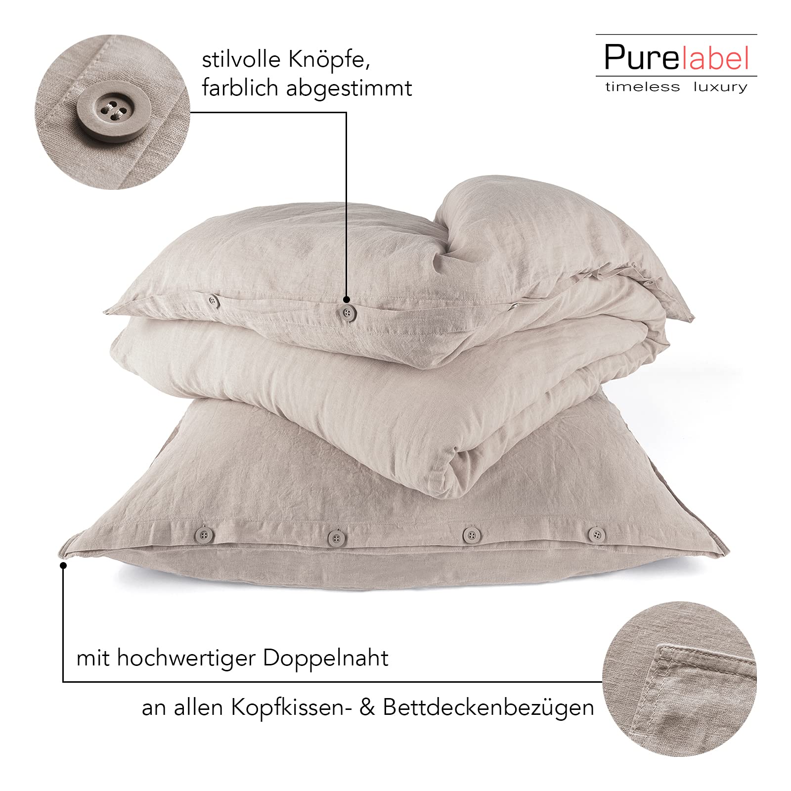 Pure Label Halbleinen Bettwäsche 155x220 cm mit Kissenbezug 80x80 cm in Taupe - Bügelfreie Bettwäsche Sets 155 x 220 aus belgischem Leinen und feinster Baumwolle - Image 4