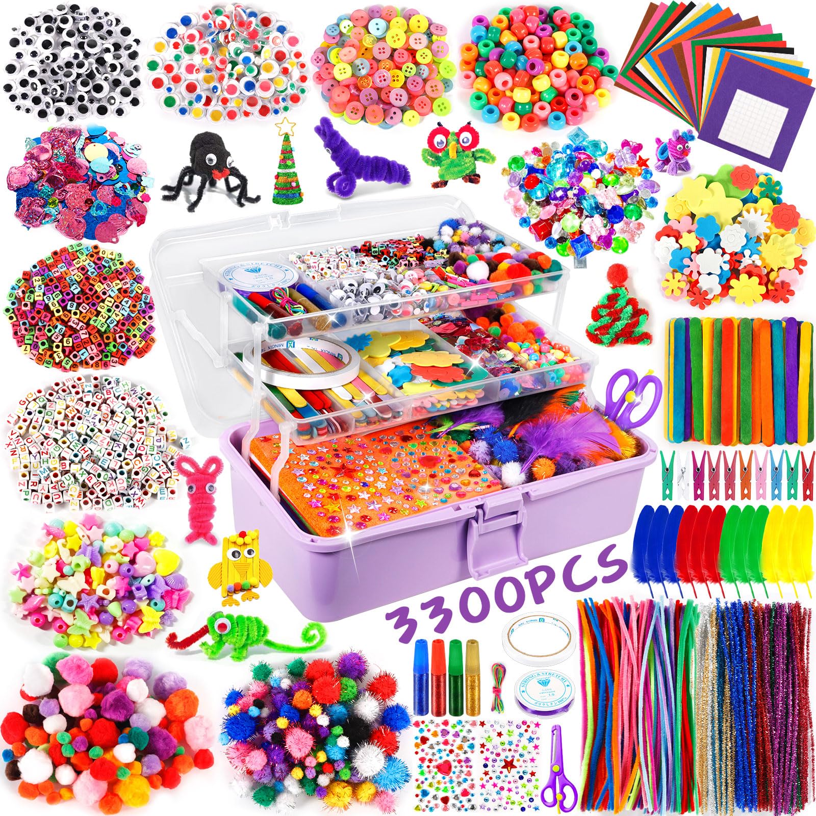 Purpledi 3300+ Stück Bastelsets für Kinder Bastelmaterial in Bastelkoffer, DIY Bastelzubehör Bastelbedarf Material Set, Basteln Geschenk für Geburtstag,Weihnachten, Bastelset Kinder ab 3 4 5 6 7 Jahre