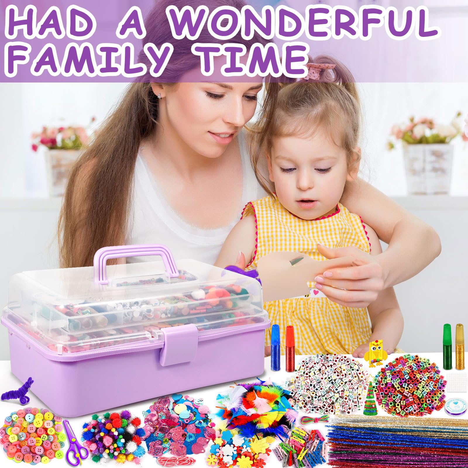 Purpledi 3300+ Stück Bastelsets für Kinder Bastelmaterial in Bastelkoffer, DIY Bastelzubehör Bastelbedarf Material Set, Basteln Geschenk für Geburtstag,Weihnachten, Bastelset Kinder ab 3 4 5 6 7 Jahre - Image 6