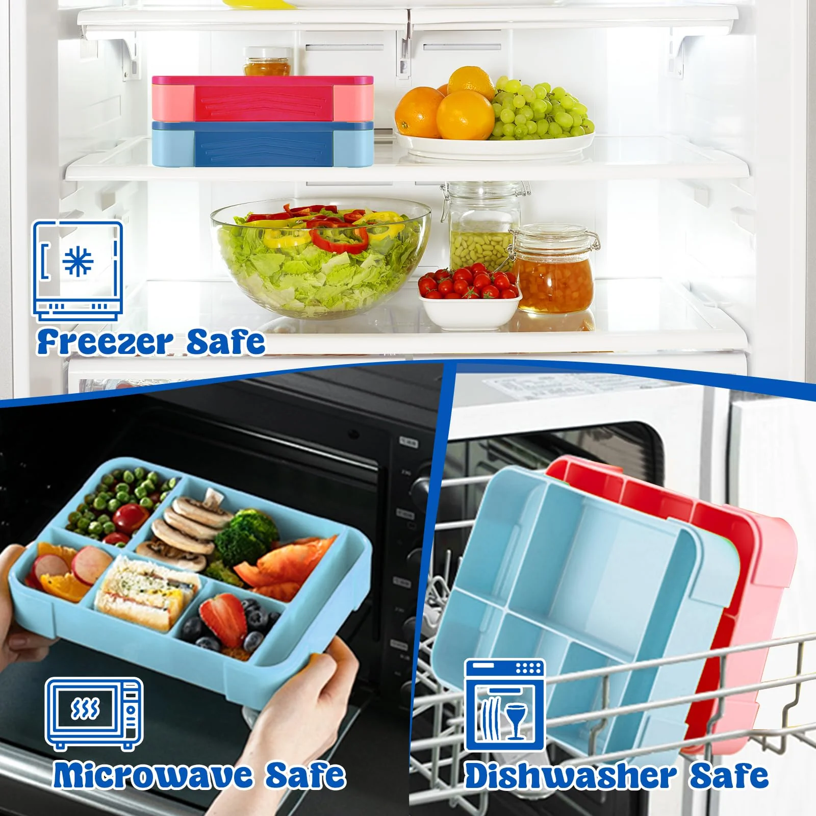 PUWOWYE Brotdose Kinder mit Fächern, Bento Box Kinder, 1330 ml Auslaufsicher Lunchbox Kinder, Brotbox für Mädchen & Jungen, geeignet für Schule, Kindergarten & Ausflüge BPA frei (Blau) - Image 4