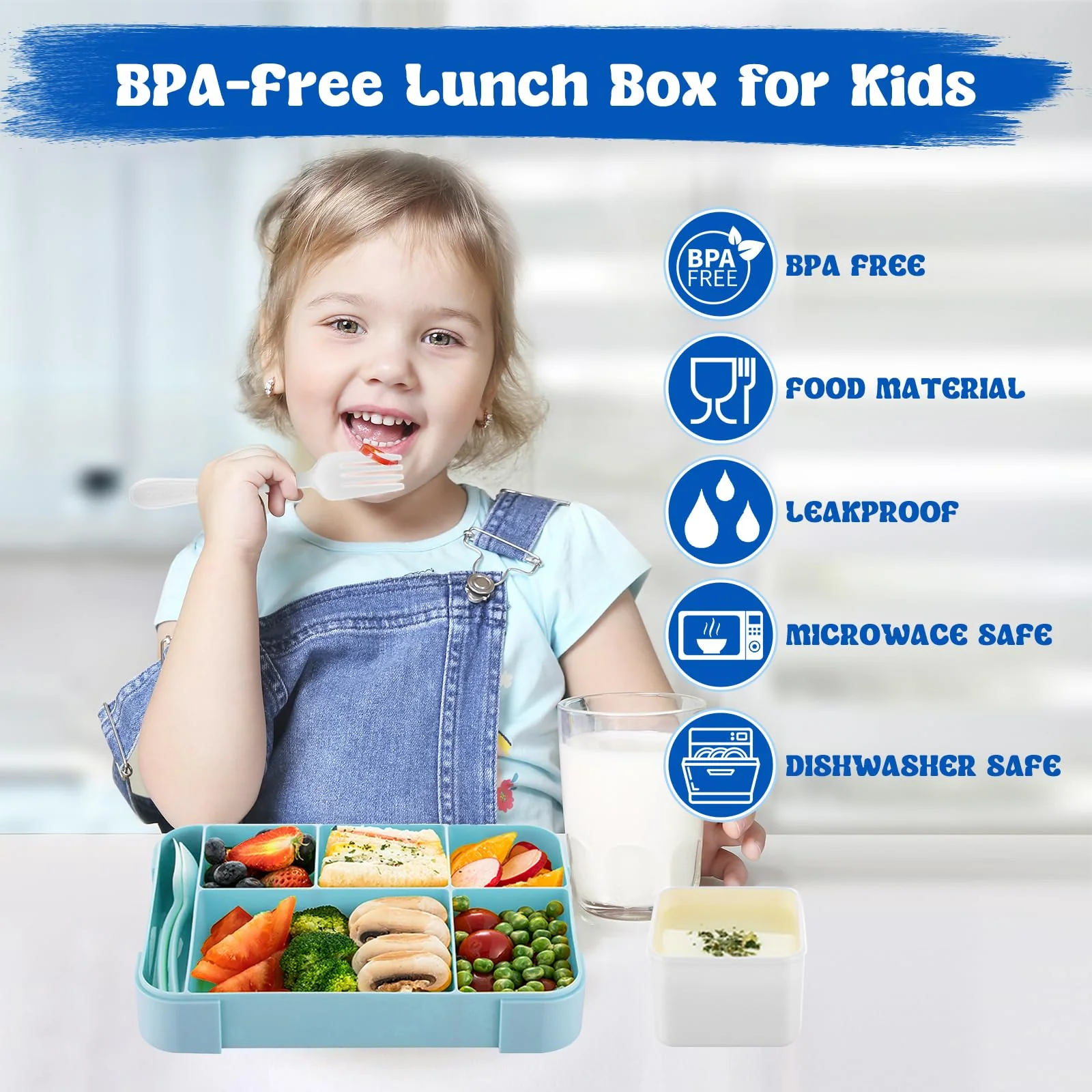 PUWOWYE Brotdose Kinder mit Fächern, Bento Box Kinder, 1330 ml Auslaufsicher Lunchbox Kinder, Brotbox für Mädchen & Jungen, geeignet für Schule, Kindergarten & Ausflüge BPA frei (Blau) - Image 5