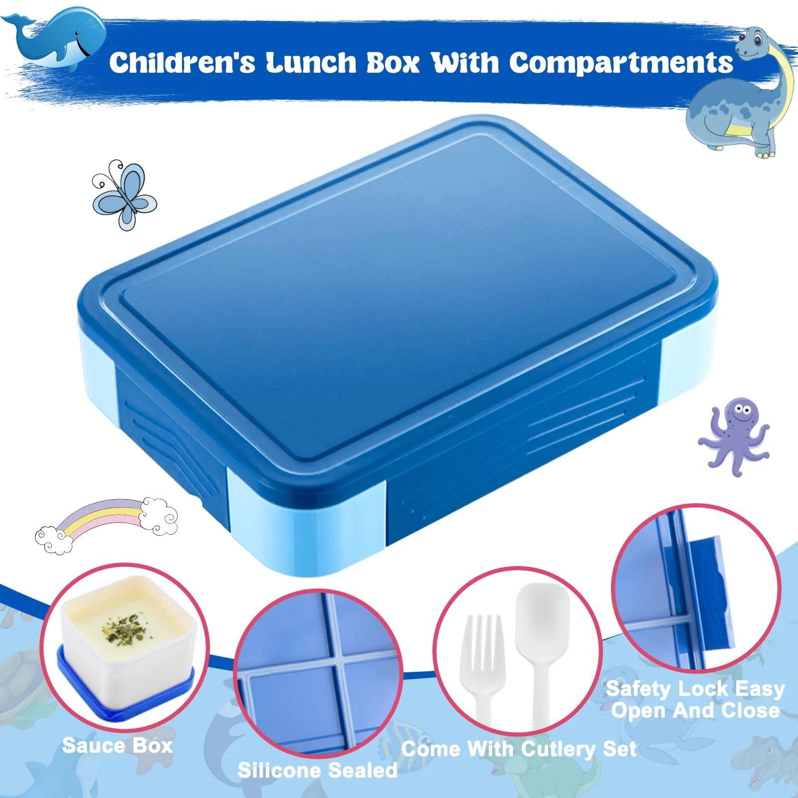 PUWOWYE Brotdose Kinder mit Fächern, Bento Box Kinder, 1330 ml Auslaufsicher Lunchbox Kinder, Brotbox für Mädchen & Jungen, geeignet für Schule, Kindergarten & Ausflüge BPA frei (Blau) - Image 7