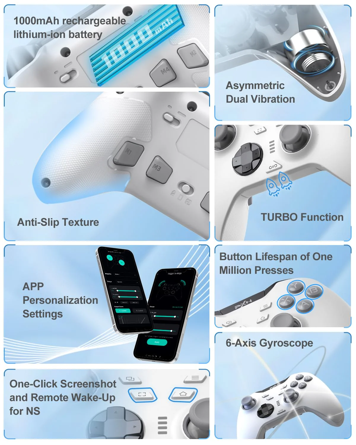 PXN P5 Wireless PC Switch Controller 2025 - Hall Joystick, 4-Makros, 3-Modi(2.4G/BT/SW), Hall Trigger, Vibration, 1000mAh, APP, FN, POM- Gaming Controller für PC, Switch, Android, iOS (Weiß) - Image 5