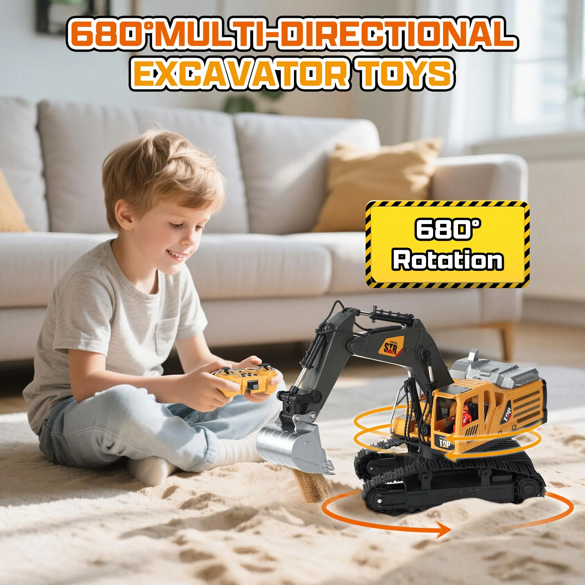QiquBox RC Ferngesteuerter Bagger Spielzeug für ab 3 4 5 6 7 8 9 Jahren Junge - Bagger Spielzeugautos Metall Schaufel mit Spray Licht Ton, 680° Drehung Ferngesteuertes Auto für Jungen Geschenk Kinder - Image 5