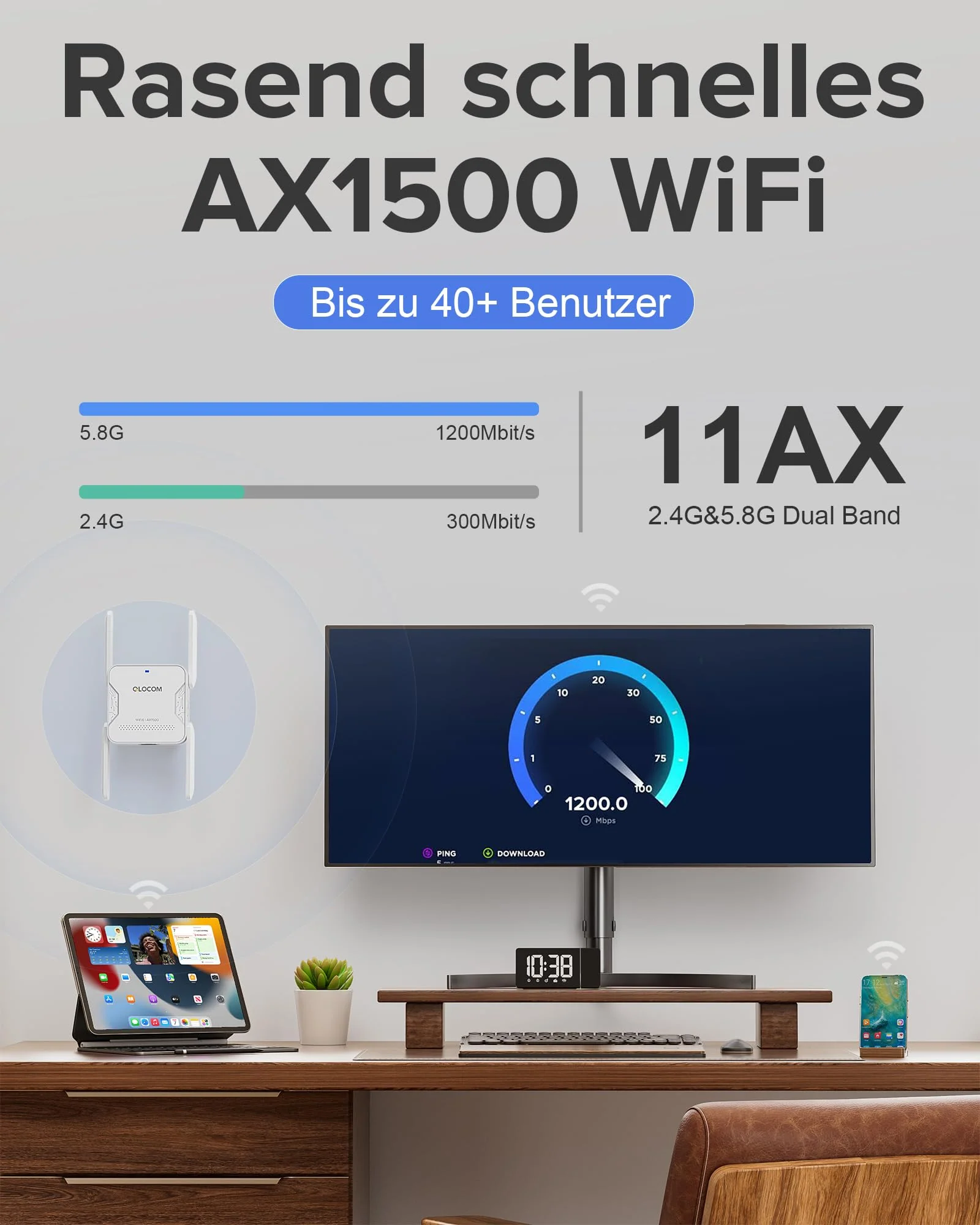 QLOCOM 2025 Neuestes WiFi 6 WLAN Verstärker Repeater AX1500Mbit/s, WiFi Repeater Dualband 5GHz/2.4GHz mit Ethernet Port, Internet Booster Kompatibel Allen WLAN Geräten - Image 5