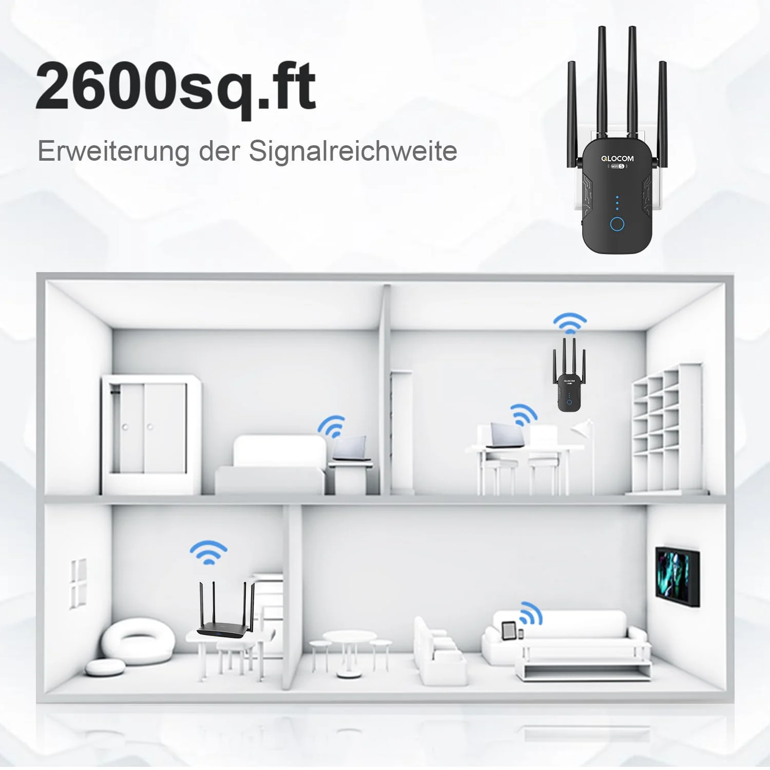 QLOCOM 2025 Neuestes WLAN Verstärker 1200Mbit/s WLAN Repeater, Dualband 5GHz & 2.4GHz WiFi Booster mit WPS, WiFi Internet Verstärker Kompatibel Allen WLAN Geräten - Image 2