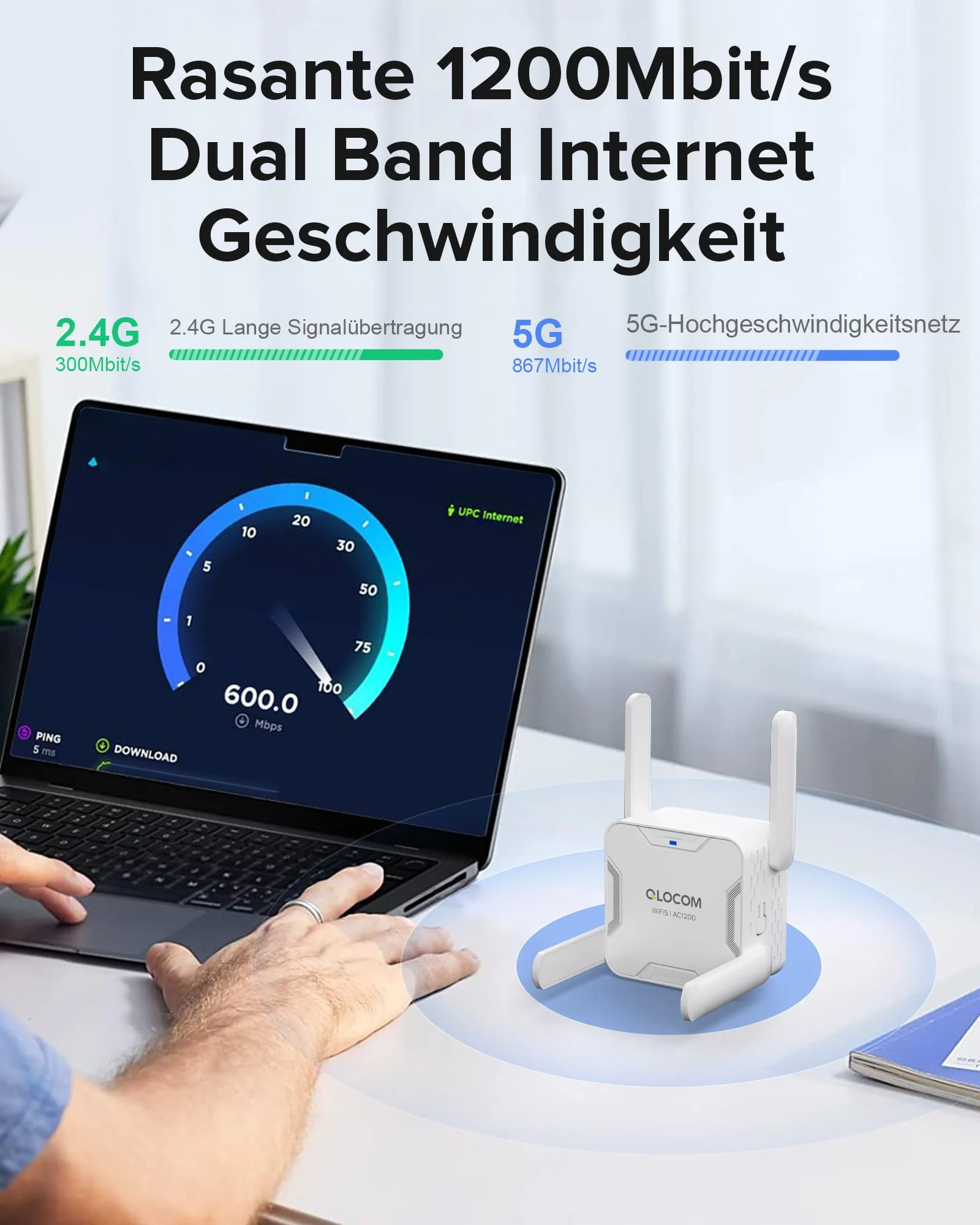 QLOCOM 2025 Neuestes WLAN Verstärker WLAN Repeater AC1200 (867MBit/s 5GHz + 300MBit/s 2,4GHz), DualBand WiFi Internet Verstärker mit Ethernet Port, Kompatibel Allen WLAN Geräten - Image 5