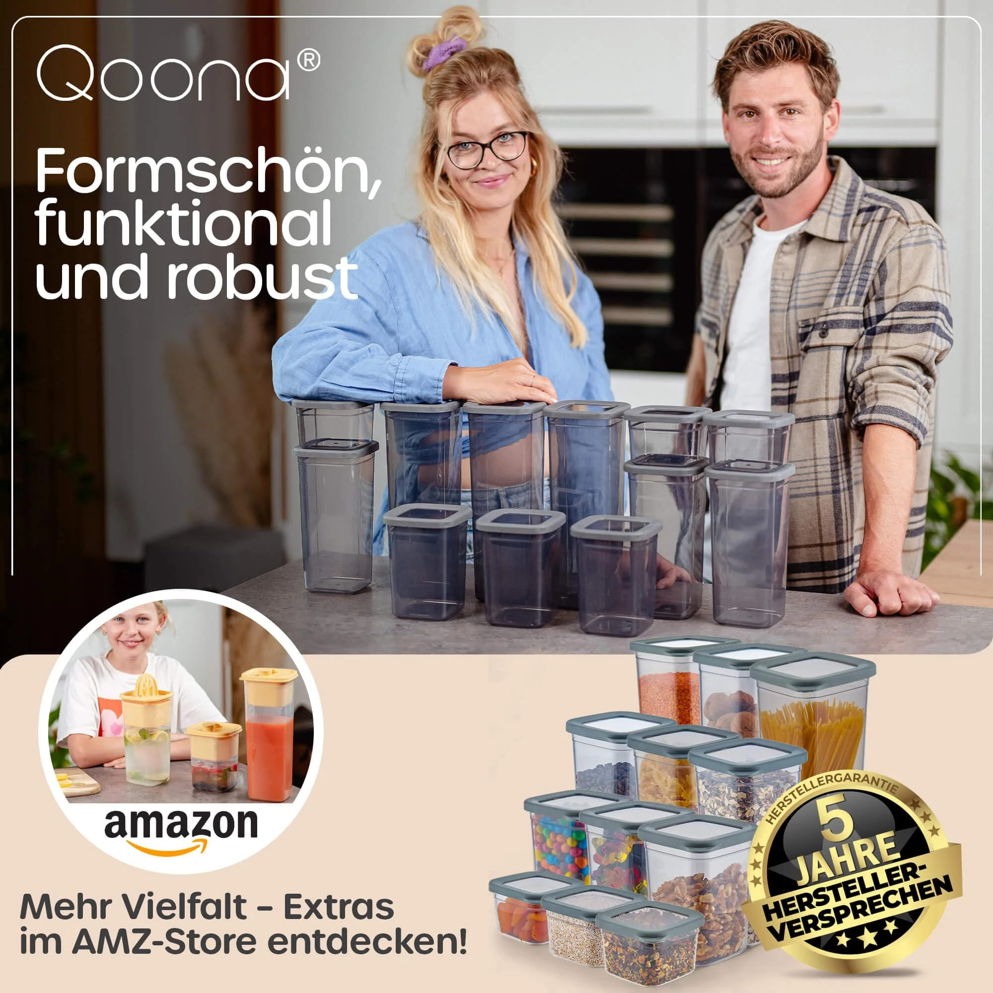 QOONA Luftdichte Vorratsdosen mit Deckel [12er-Set] Anthrazit - Stapelbar & platzsparend für die Küche, Vorratsgläser luftdicht, Mehl Aufbewahrung, Food Container, Vorratsbehälter, Aufbewahrungsbox - Image 2