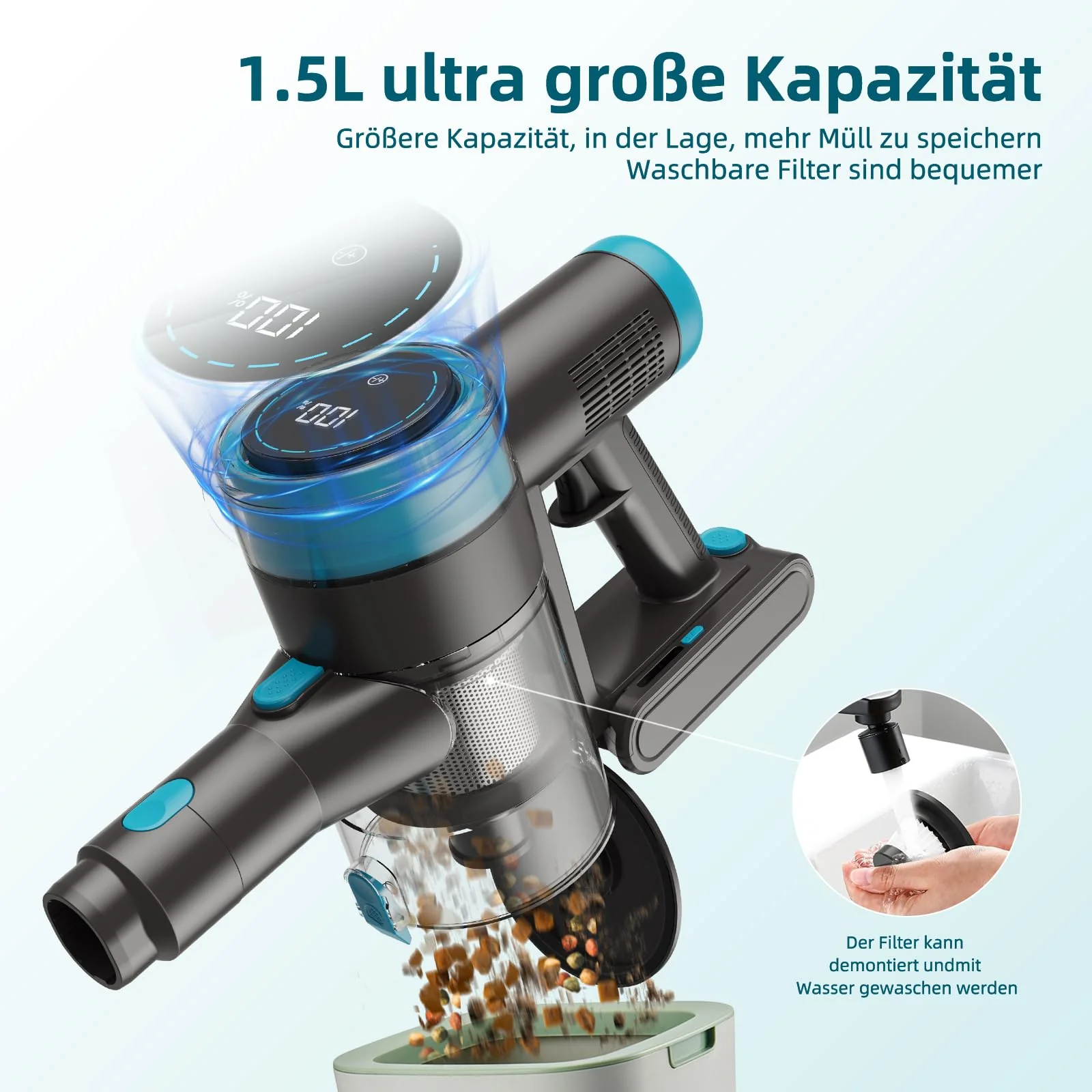 Quilted Northern 45KPa/550W/65Mins Akku Staubsauger, 1.5L Staubsauger Kabellos mit LED Touchscreen/Anti-Tangle-Bürste, Stabstaubsauger mit 4 Staubsaugerköpfe, für Hartböden/Teppich/Tierhaare - Image 5