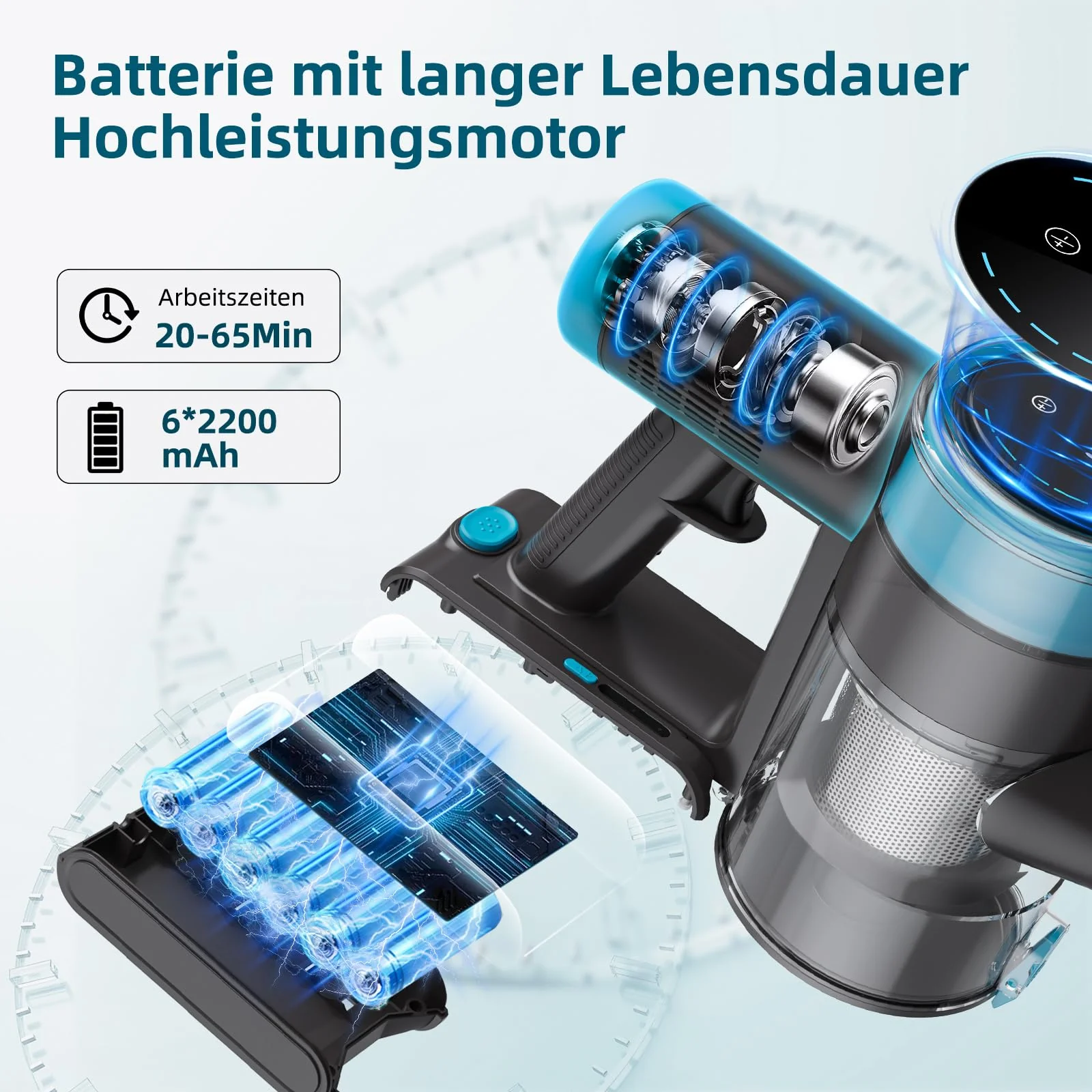 Quilted Northern 45KPa/550W/65Mins Akku Staubsauger, 1.5L Staubsauger Kabellos mit LED Touchscreen/Anti-Tangle-Bürste, Stabstaubsauger mit 4 Staubsaugerköpfe, für Hartböden/Teppich/Tierhaare - Image 6