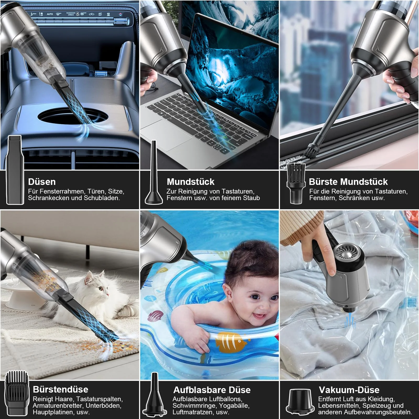Quilted Northern Handstaubsauger, 18000Pa USB aufladbar Mini Staubsauger, Multifunktionaler Staubsauger mit Mehreren Bürsten, Nass & Trocken Handsauger, für den Auto, Haus, Küche, Tierhaare - Image 5