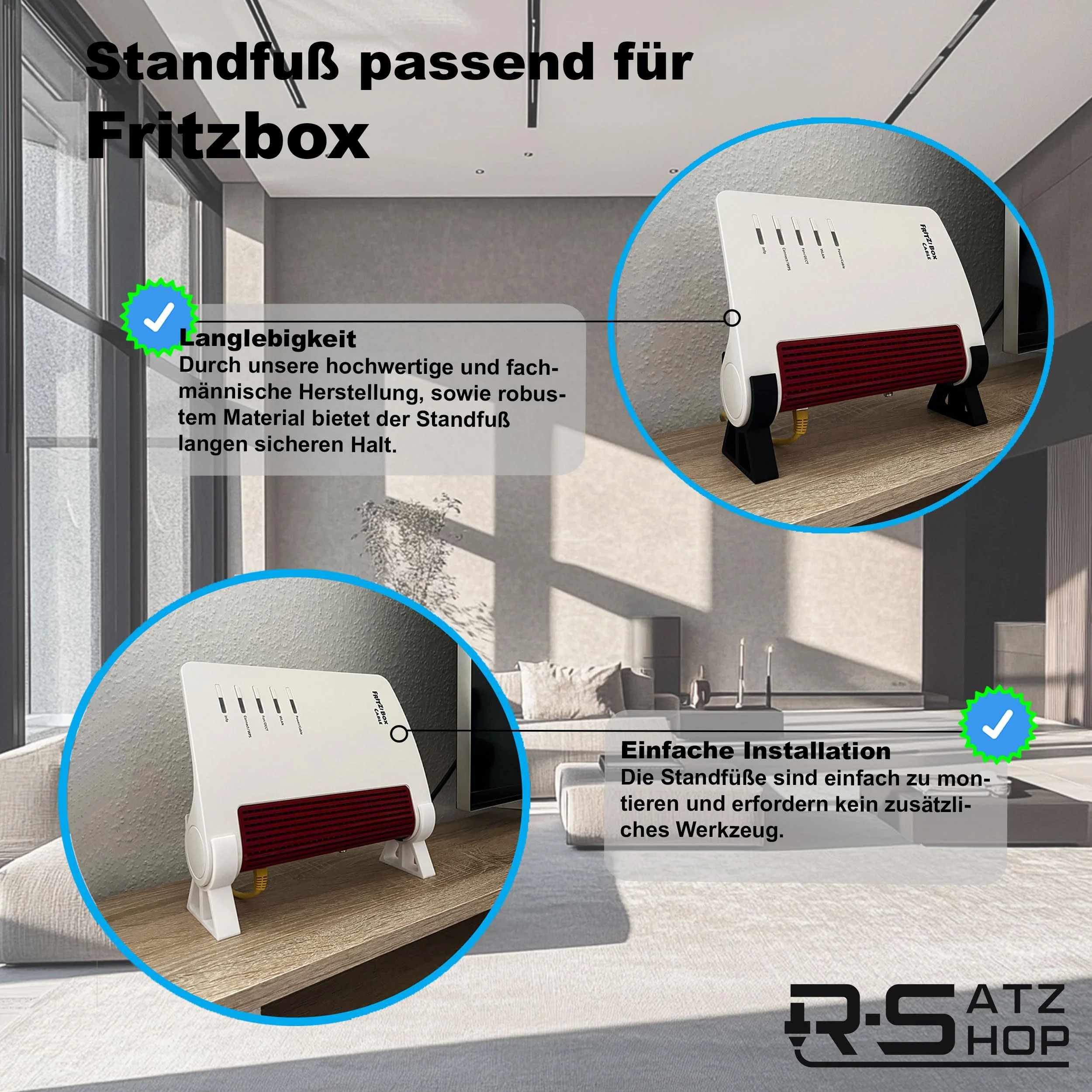 R-Satz Shop Standfuß Ständer passend für Fritzbox 6670 Cable und 7590 AX in Schwarz oder Weiß (2er Set) (Weiß) - Image 4