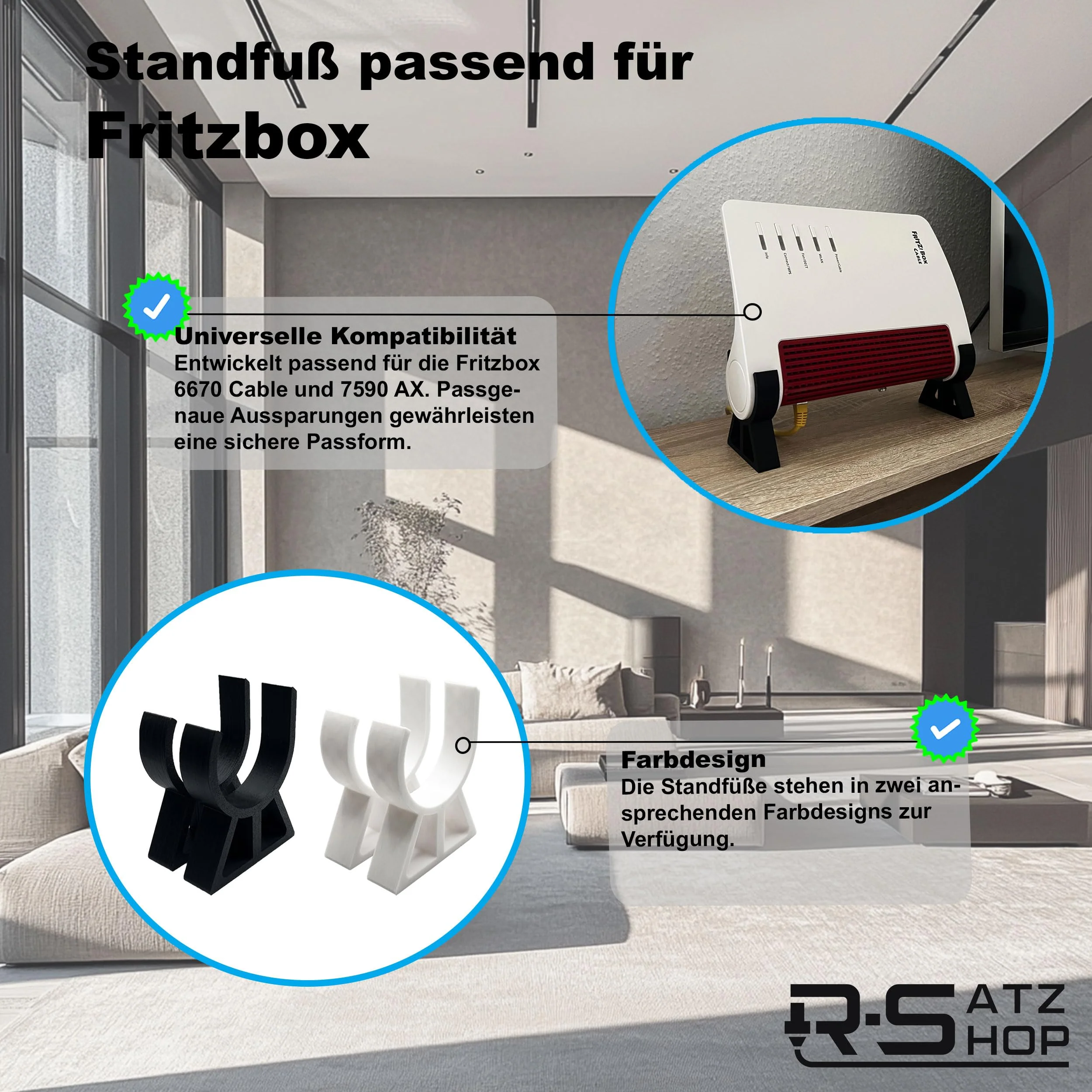 R-Satz Shop Standfuß Ständer passend für Fritzbox 6670 Cable und 7590 AX in Schwarz oder Weiß (2er Set) (Weiß) - Image 6