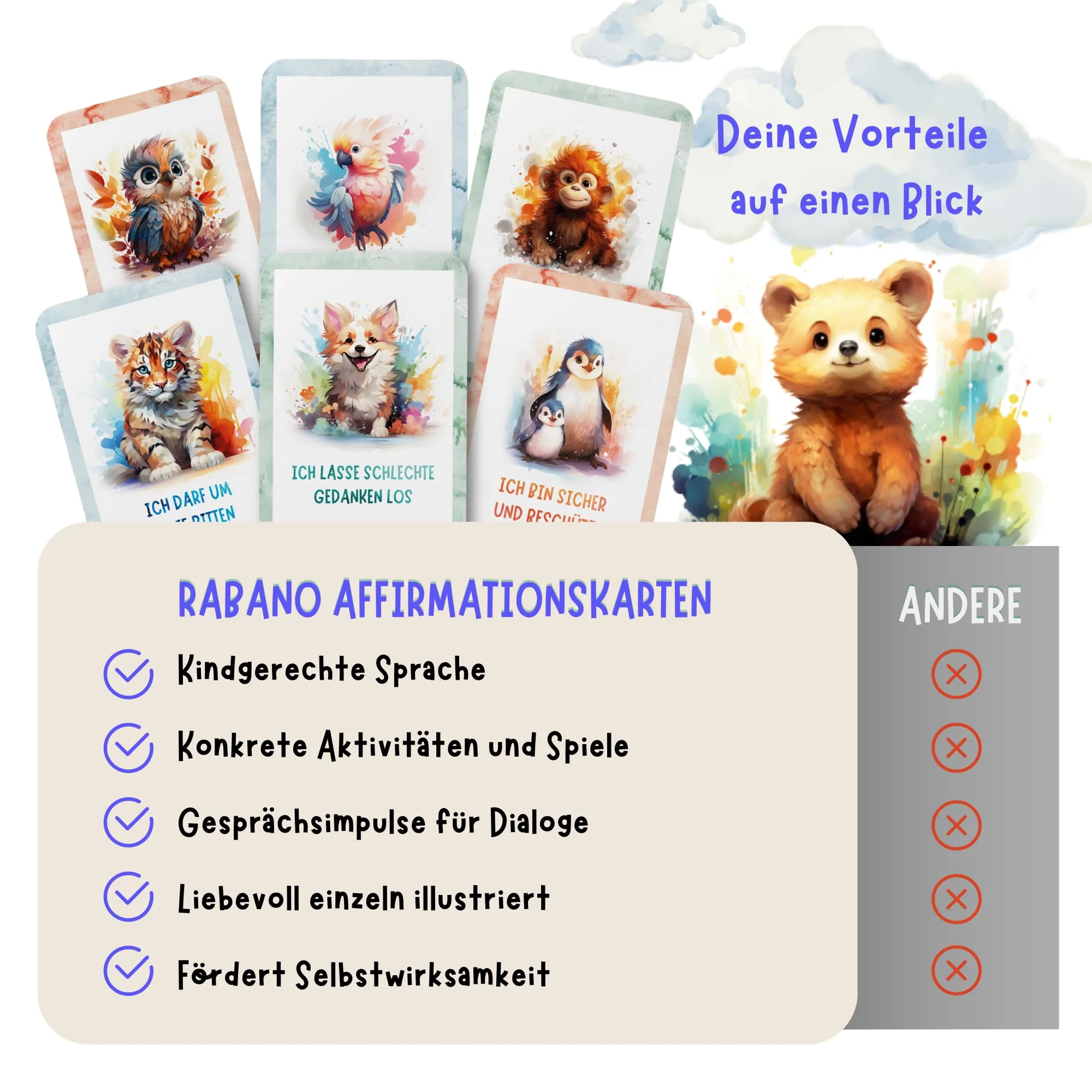 Rabano Art 52 Affirmationskarten für Kinder - Selbstbewusstsein & Achtsamkeit stärken bei Kindern - pädagogisch wertvoll - Gefühlskarten, Motivationskarten für Kinder - Kartenset mit Affirmationen - Image 2
