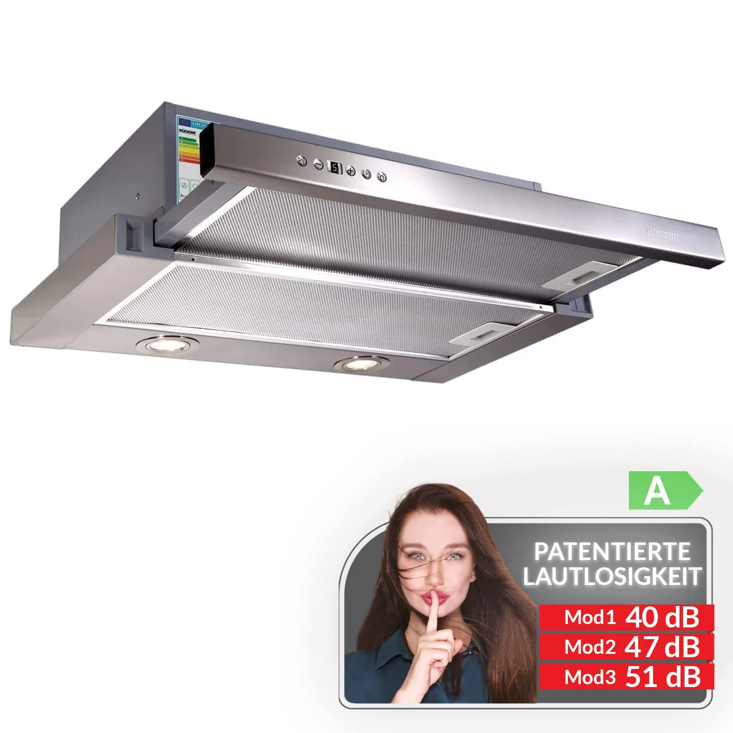 RADIALITIC KÜGERR patentierte Leisetechnologie | A100S60UP1G | 60cm leise Flachschirmhaube | ab 40 dB | Abluft - Umluft | 2 Jahre Garantie | Edelstahl | LED - Image 4