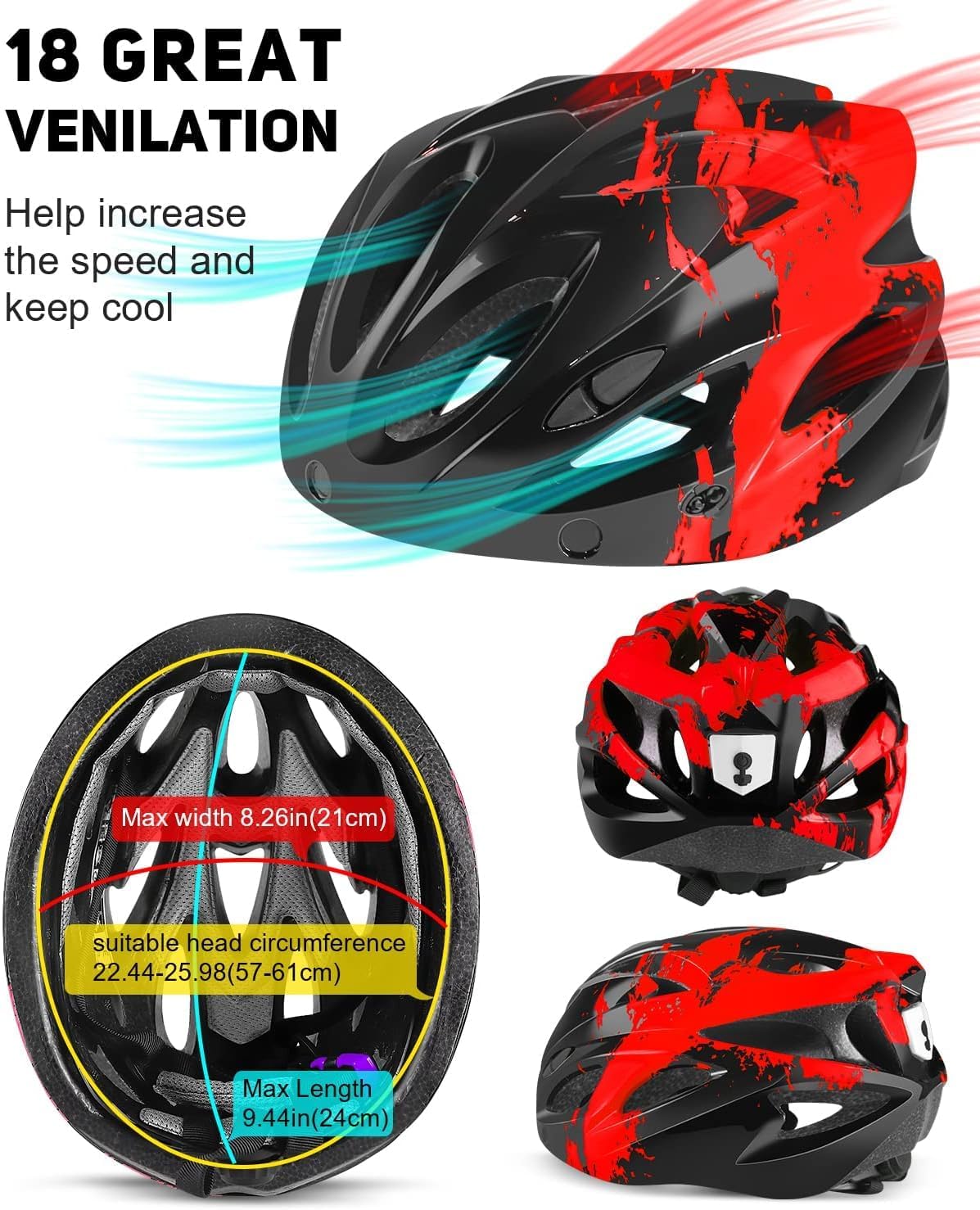 RaMokey Fahrradhelm Erwachsene mit Licht,Radhelm, Cityhelm Urban Fahrradhelm für Herren Damen mit Abnehmbarer Magnetische Schutzbrille Visier, Fahrrad Helm mit 18 Belüftungskanäle57-62cm (Red) - Image 4