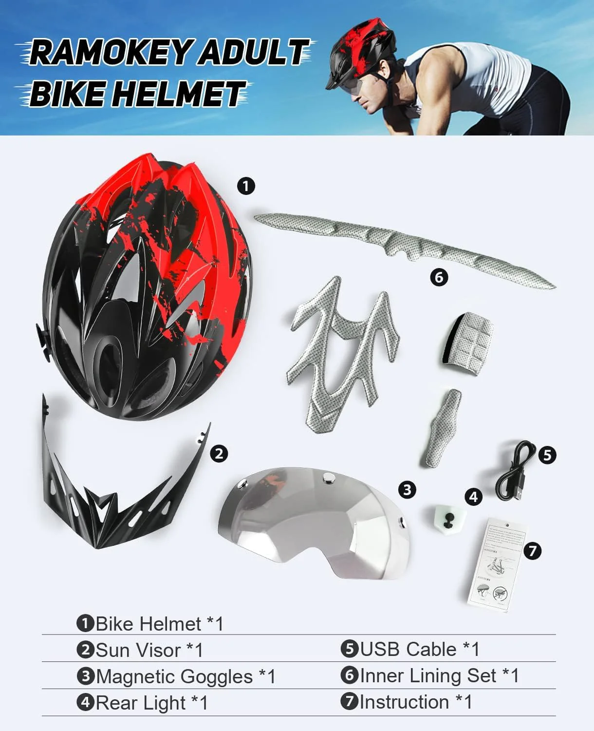 RaMokey Fahrradhelm Erwachsene mit Licht,Radhelm, Cityhelm Urban Fahrradhelm für Herren Damen mit Abnehmbarer Magnetische Schutzbrille Visier, Fahrrad Helm mit 18 Belüftungskanäle57-62cm (Red) - Image 7