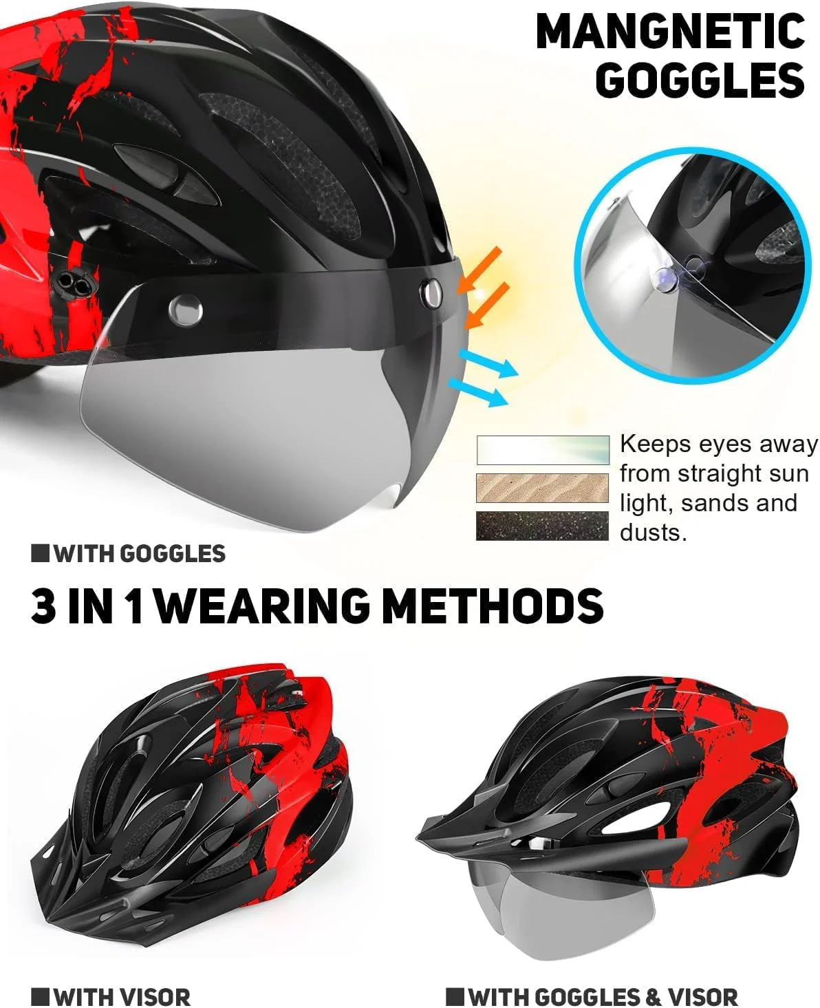 RaMokey Fahrradhelm Erwachsene mit Licht,Radhelm, Cityhelm Urban Fahrradhelm für Herren Damen mit Abnehmbarer Magnetische Schutzbrille Visier, Fahrrad Helm mit 18 Belüftungskanäle57-62cm (Red) - Image 8