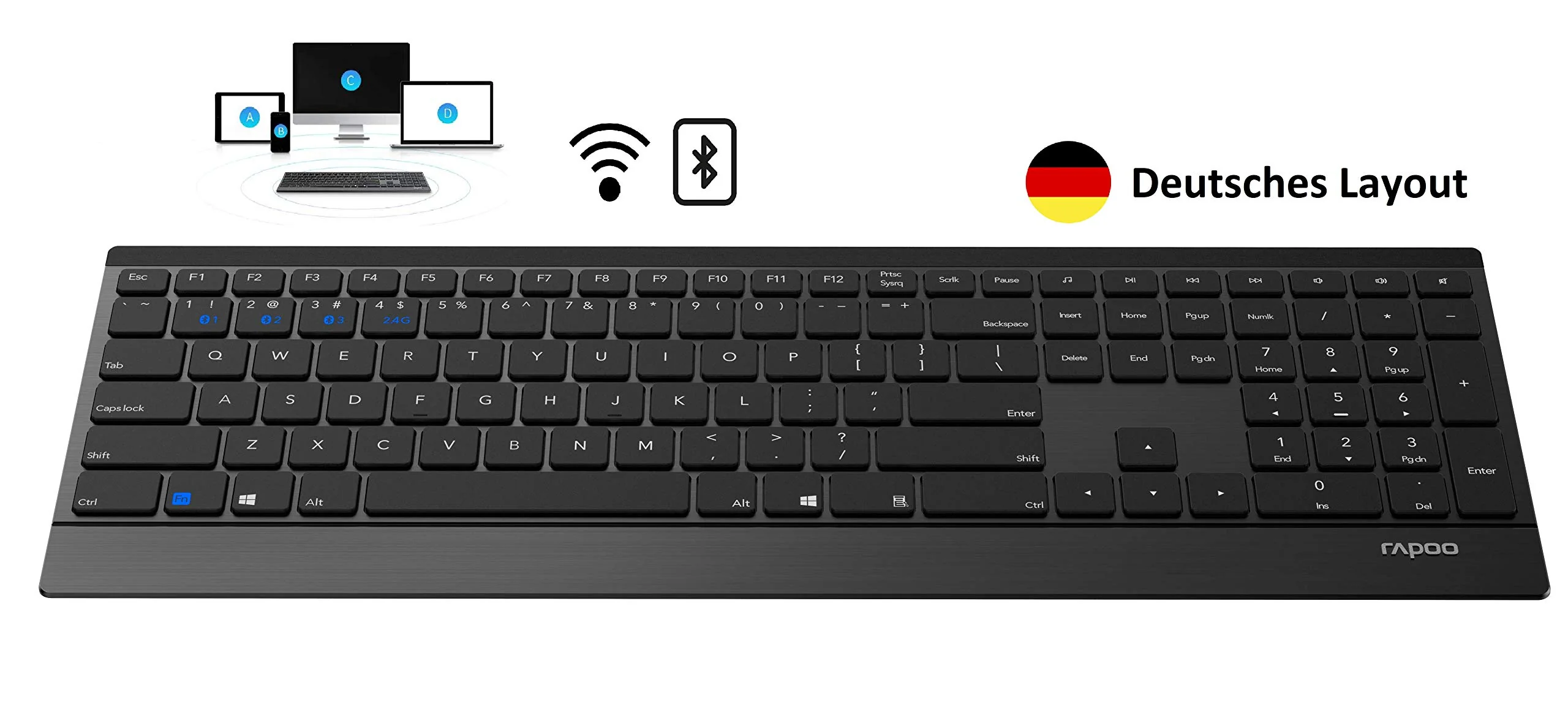 Rapoo 9500M kabelloses Tastatur-Maus Set Wireless Deskset 1600 DPI Sensor 12 Monate Batterielaufzeit flaches Aluminium Design DE-Layout QWERTZ PC & Mac - schwarz - Image 9