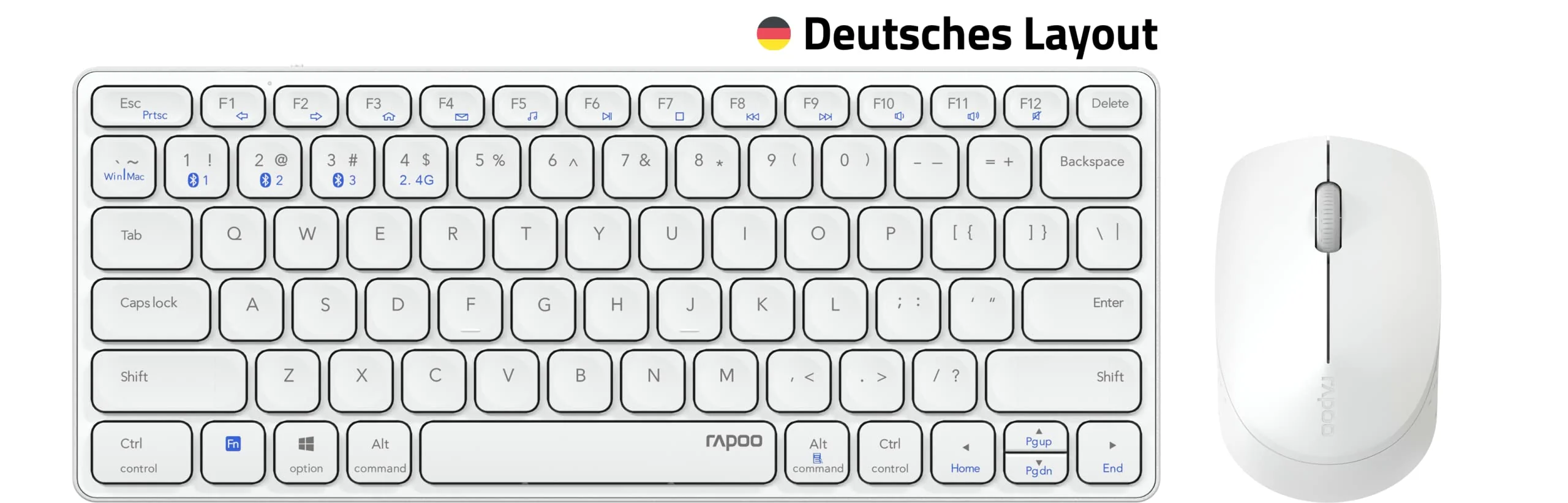 Rapoo 9600M kabelloses Tastatur-Maus Set Wireless Deskset 1300 DPI Sensor wiederaufladbarer Akku flaches Aluminium Design DE-Layout QWERTZ PC & Mac - weiß - Image 8