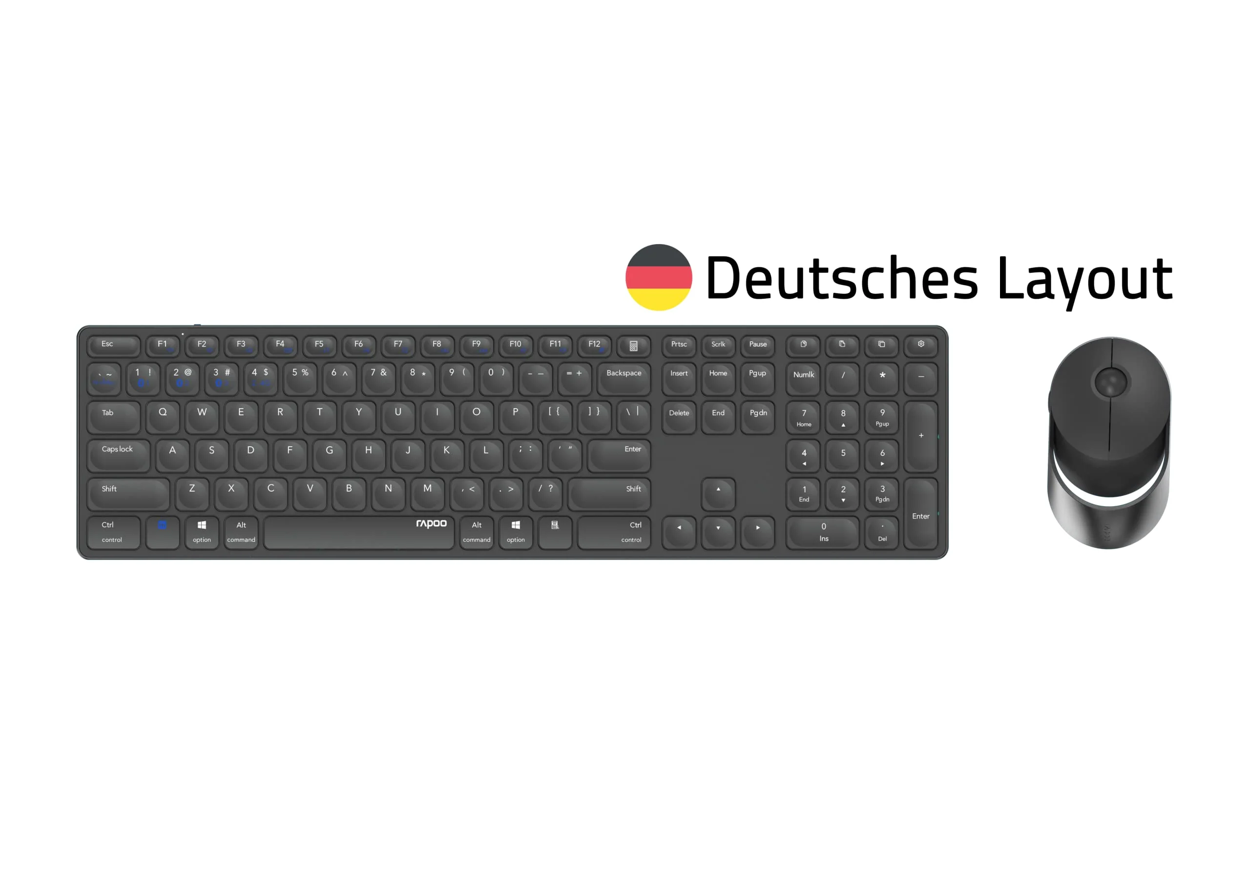 Rapoo 9750M kabelloses Tastatur-Maus Set Wireless Deskset 1600 DPI Sensor wiederaufladbarer Akku flaches Aluminium Design DE-Layout QWERTZ PC & Mac - dunkelgrau - Image 3