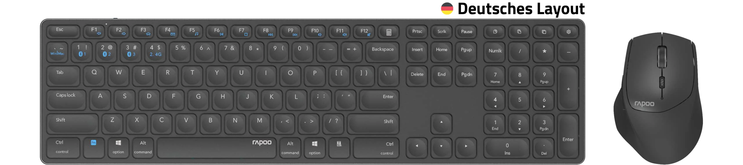 Rapoo 9800M kabelloses Tastatur-Maus Set Wireless Deskset 1600 DPI Sensor wiederaufladbarer Akku flaches Aluminium Design DE-Layout QWERTZ PC & Mac - dark grey - Image 7