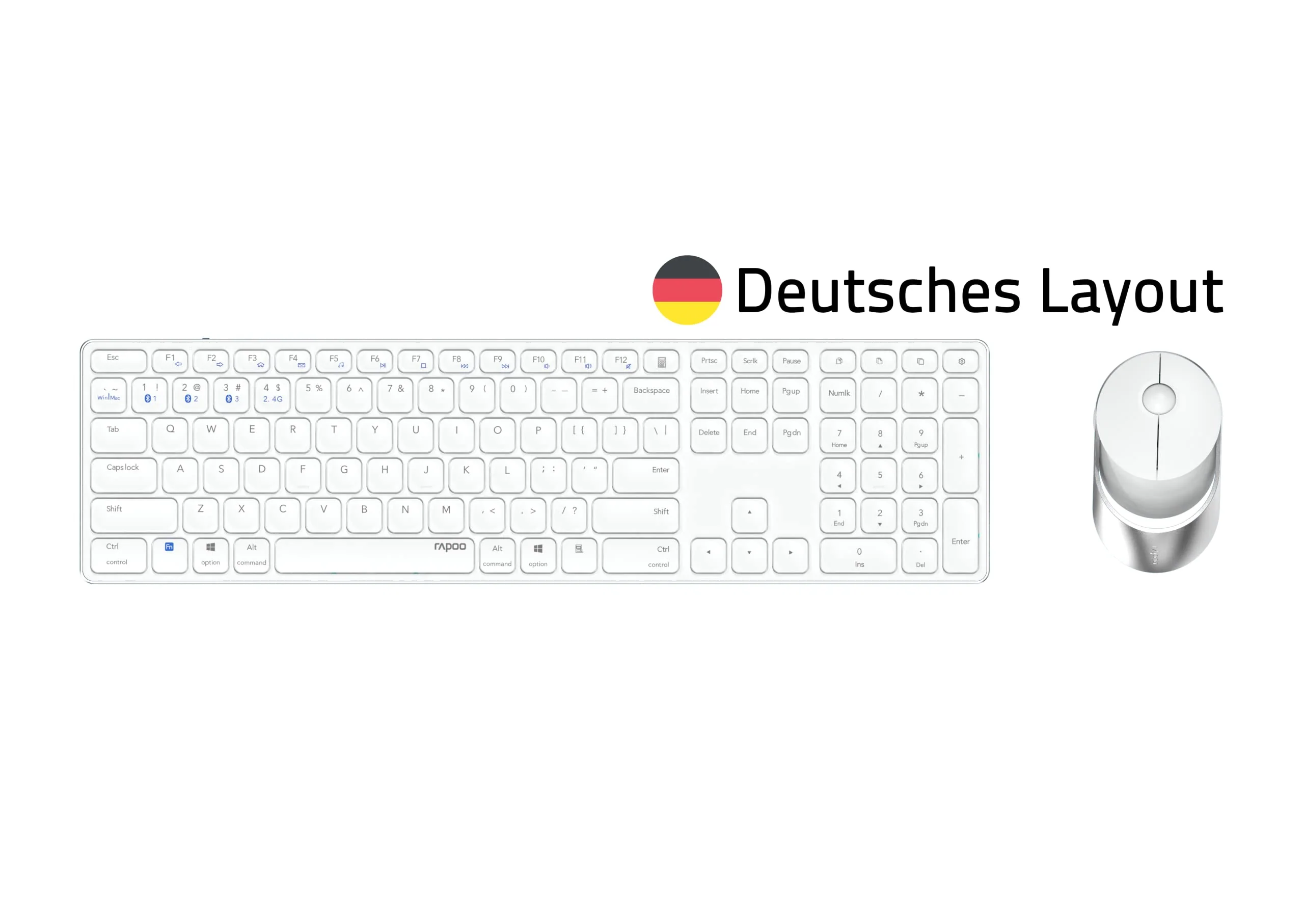 Rapoo 9850M kabelloses Tastatur-Maus Set Wireless Deskset 1600 DPI Sensor wiederaufladbarer Akku flaches Aluminium Design DE-Layout QWERTZ PC & Mac - weiß - Image 4