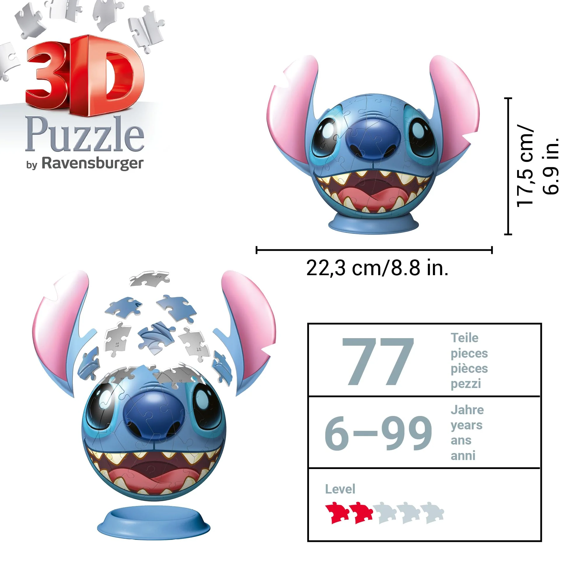 Ravensburger 3D Puzzle 11574 - Puzzle-Ball Stitch - Puzzleball mit ansteckbaren Ohren - für kleine und große Stitch und Disney Fans ab 6 Jahren - Image 5