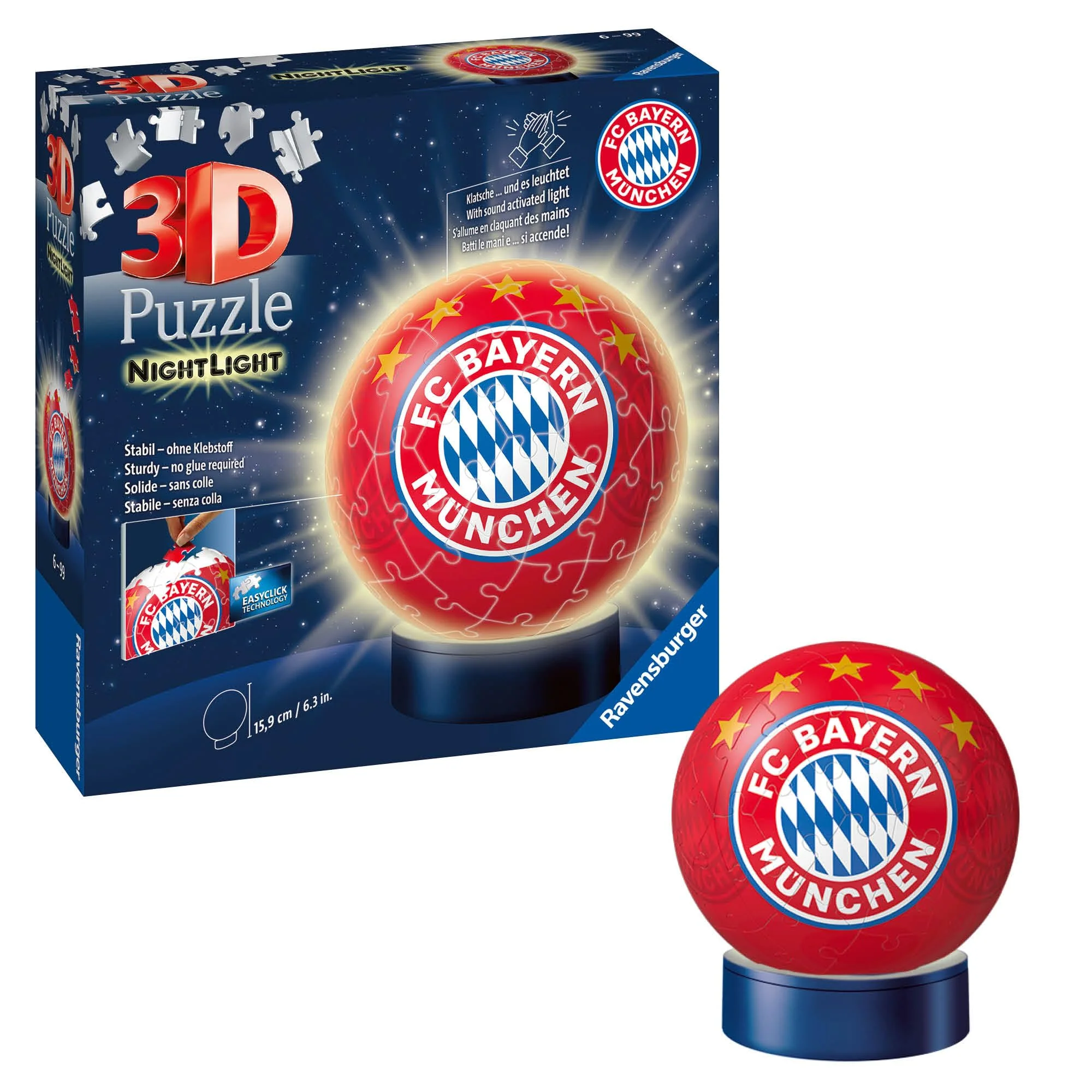 Ravensburger 3D Puzzle 12177 - Nachtlicht Puzzle-Ball FC Bayern München - ab 6 Jahren, LED Nachttischlampe mit Klatsch-Schalter