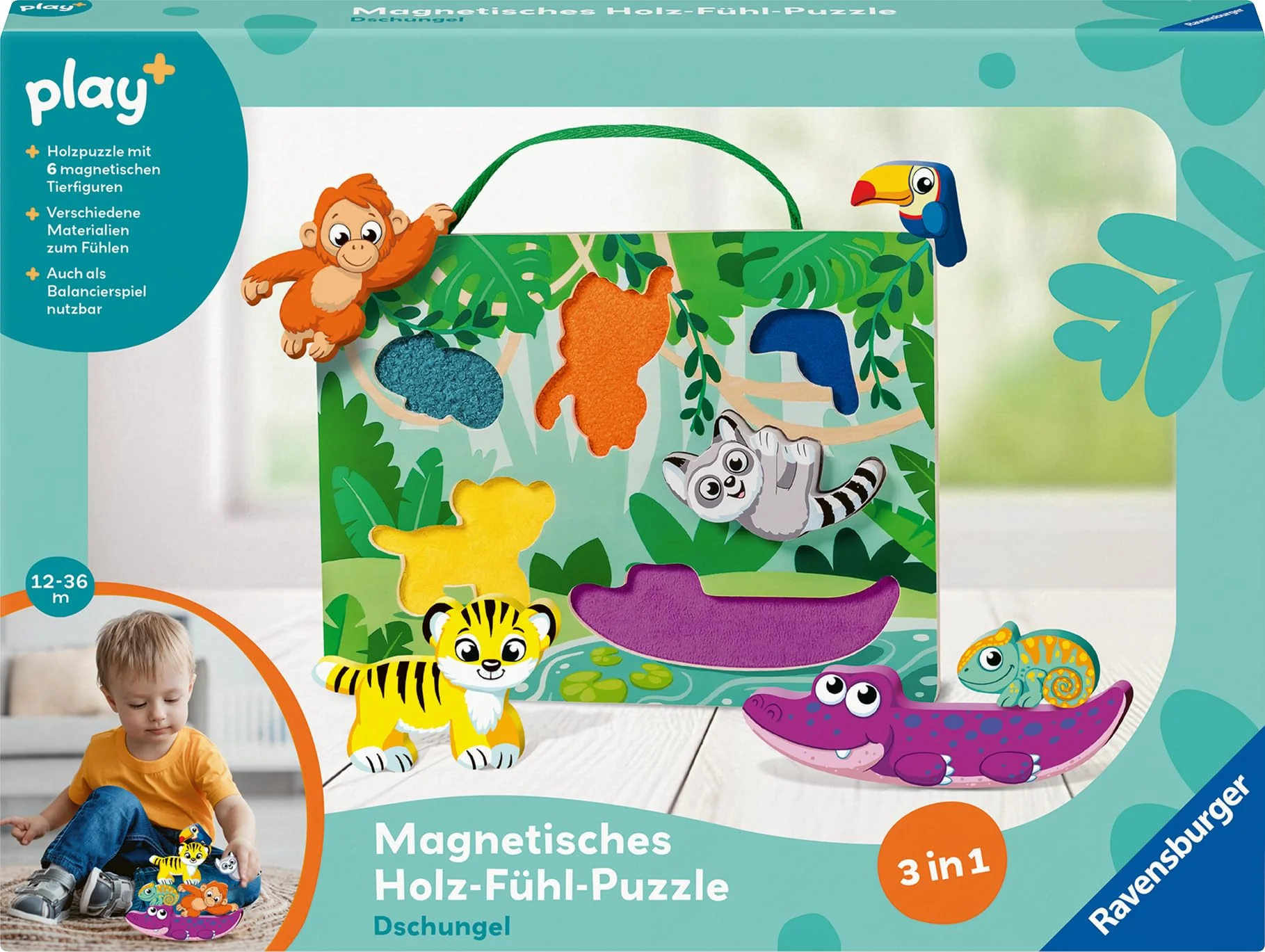 Ravensburger 4872 Play+ Magnetisches Holz-Fühl-Puzzle: Dschungel, Holzpuzzle ab 1 Jahr, 6 Puzzleteile mit stabilem Holzbrett, FSC, Magnetspielzeug - Image 3
