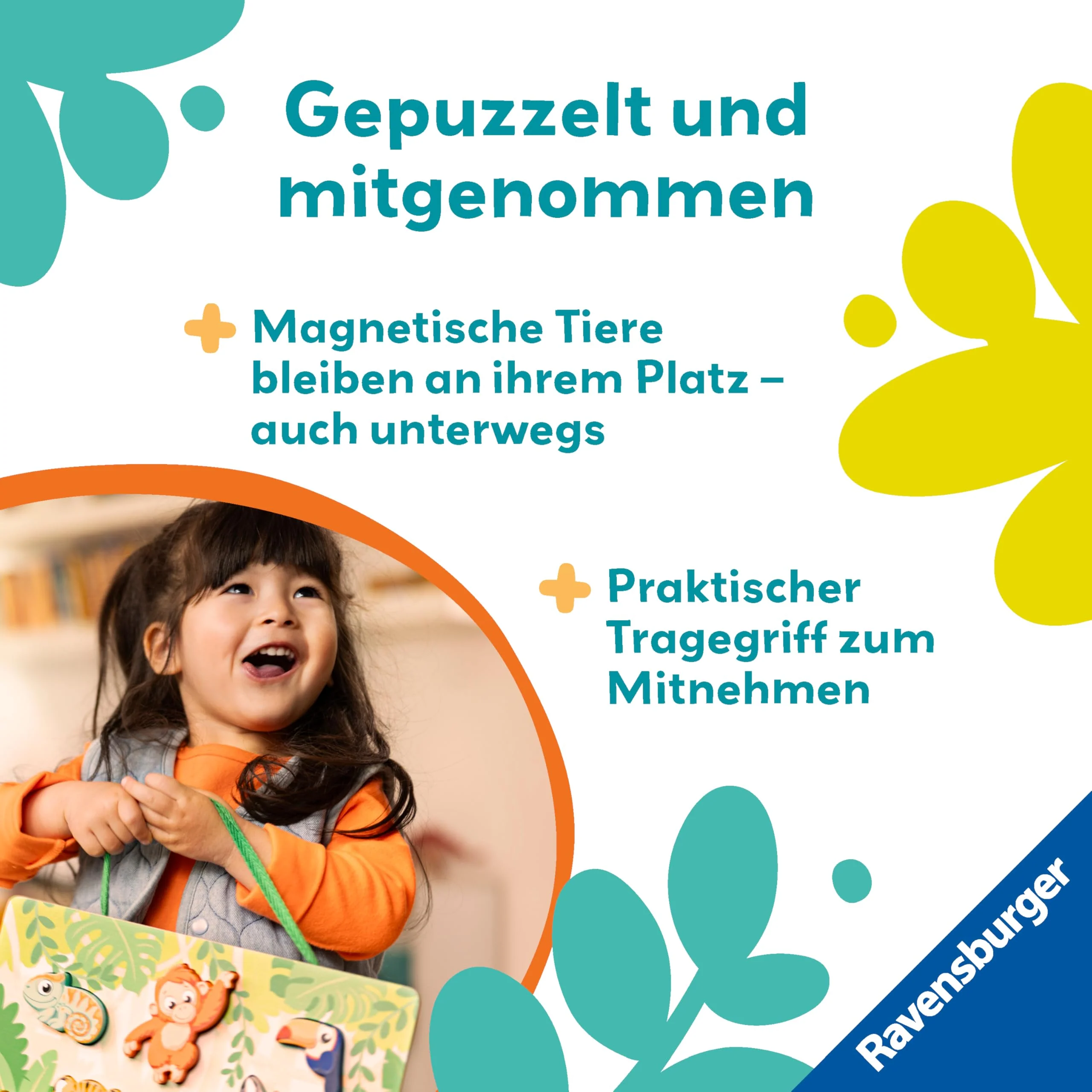 Ravensburger 4872 Play+ Magnetisches Holz-Fühl-Puzzle: Dschungel, Holzpuzzle ab 1 Jahr, 6 Puzzleteile mit stabilem Holzbrett, FSC, Magnetspielzeug - Image 4
