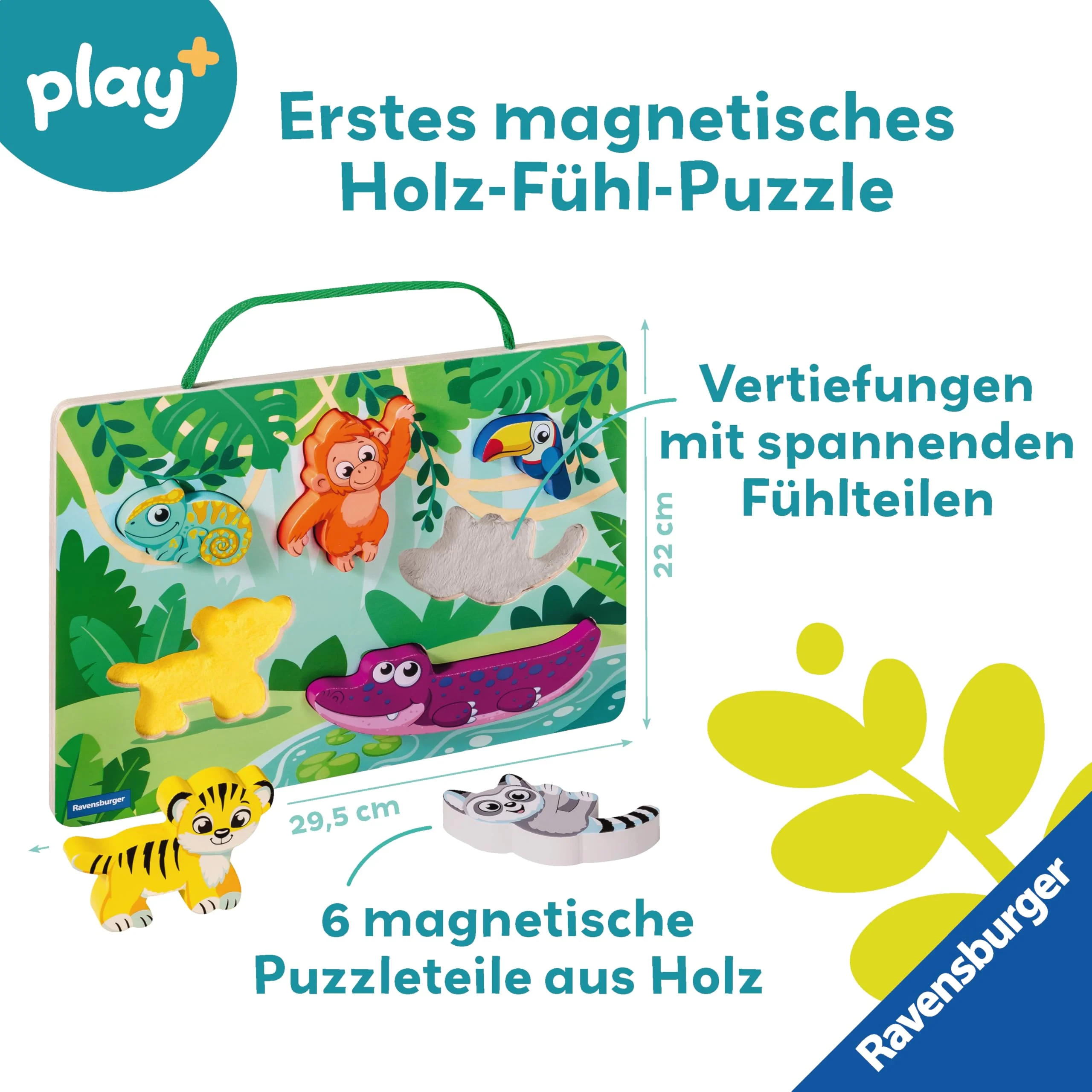 Ravensburger 4872 Play+ Magnetisches Holz-Fühl-Puzzle: Dschungel, Holzpuzzle ab 1 Jahr, 6 Puzzleteile mit stabilem Holzbrett, FSC, Magnetspielzeug - Image 9