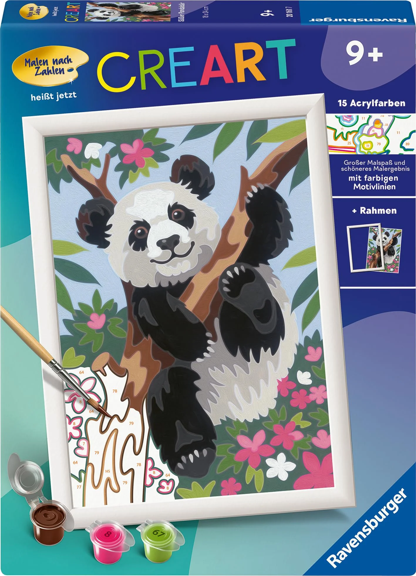 Ravensburger CreArt 20161 - Süßer Pandabär - Malen nach Zahlen für Kinder ab 9 Jahre, Malset mit Rahmen, Pinsel und Acrylfarben, Geschenk für Mädchen und Jungen - Image 2