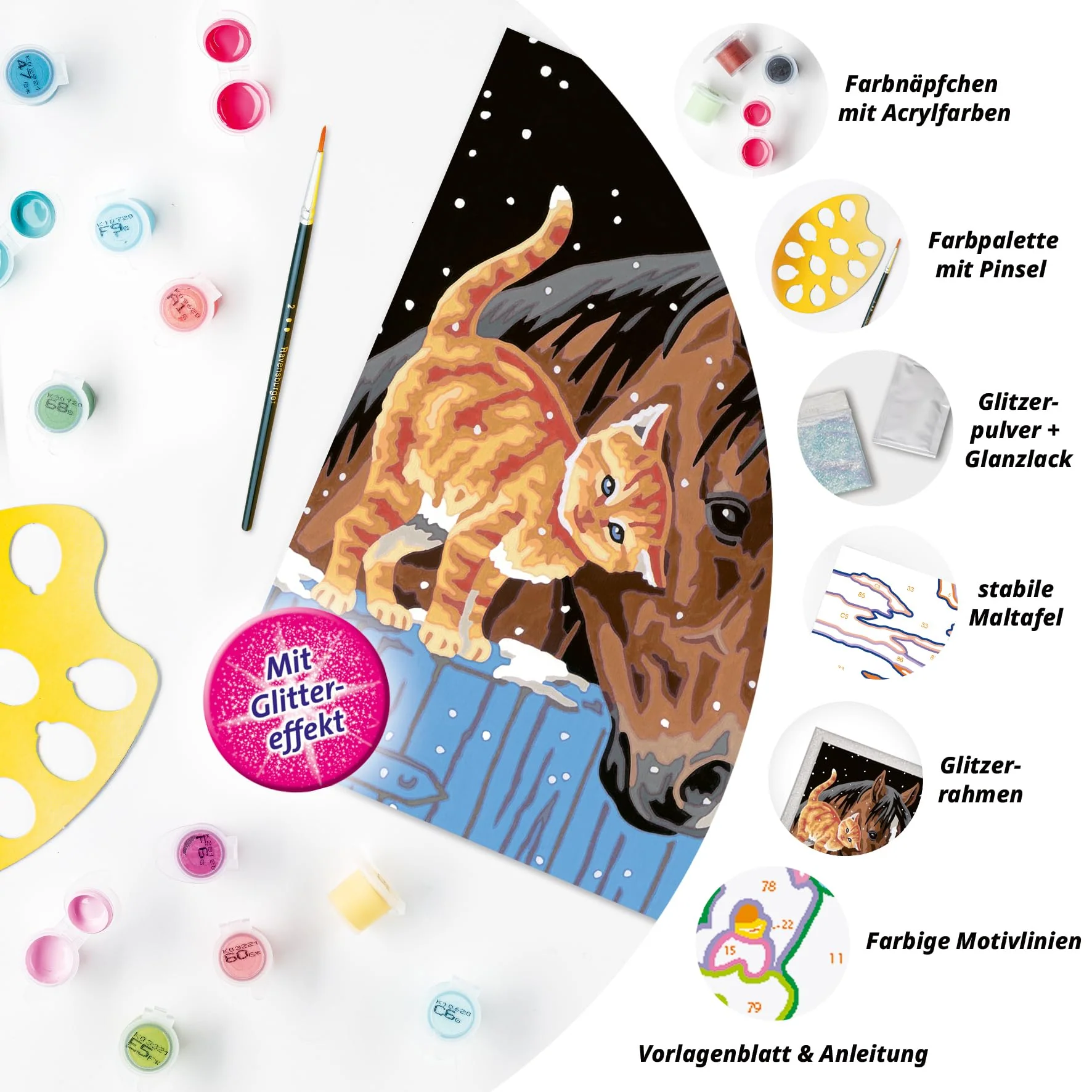 Ravensburger CreArt 28556 - Fohlen mit Kätzchen - Malen nach Zahlen für Kinder ab 7 Jahre, Malset mit Rahmen, Pinsel und Acrylfarben, Geschenk für Mädchen und Jungen, mit Glitzer - Image 4
