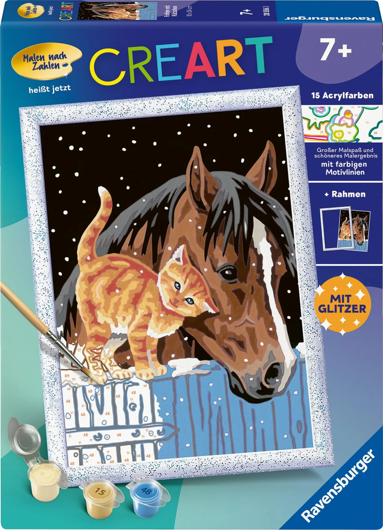 Ravensburger CreArt 28556 - Fohlen mit Kätzchen - Malen nach Zahlen für Kinder ab 7 Jahre, Malset mit Rahmen, Pinsel und Acrylfarben, Geschenk für Mädchen und Jungen, mit Glitzer - Image 6